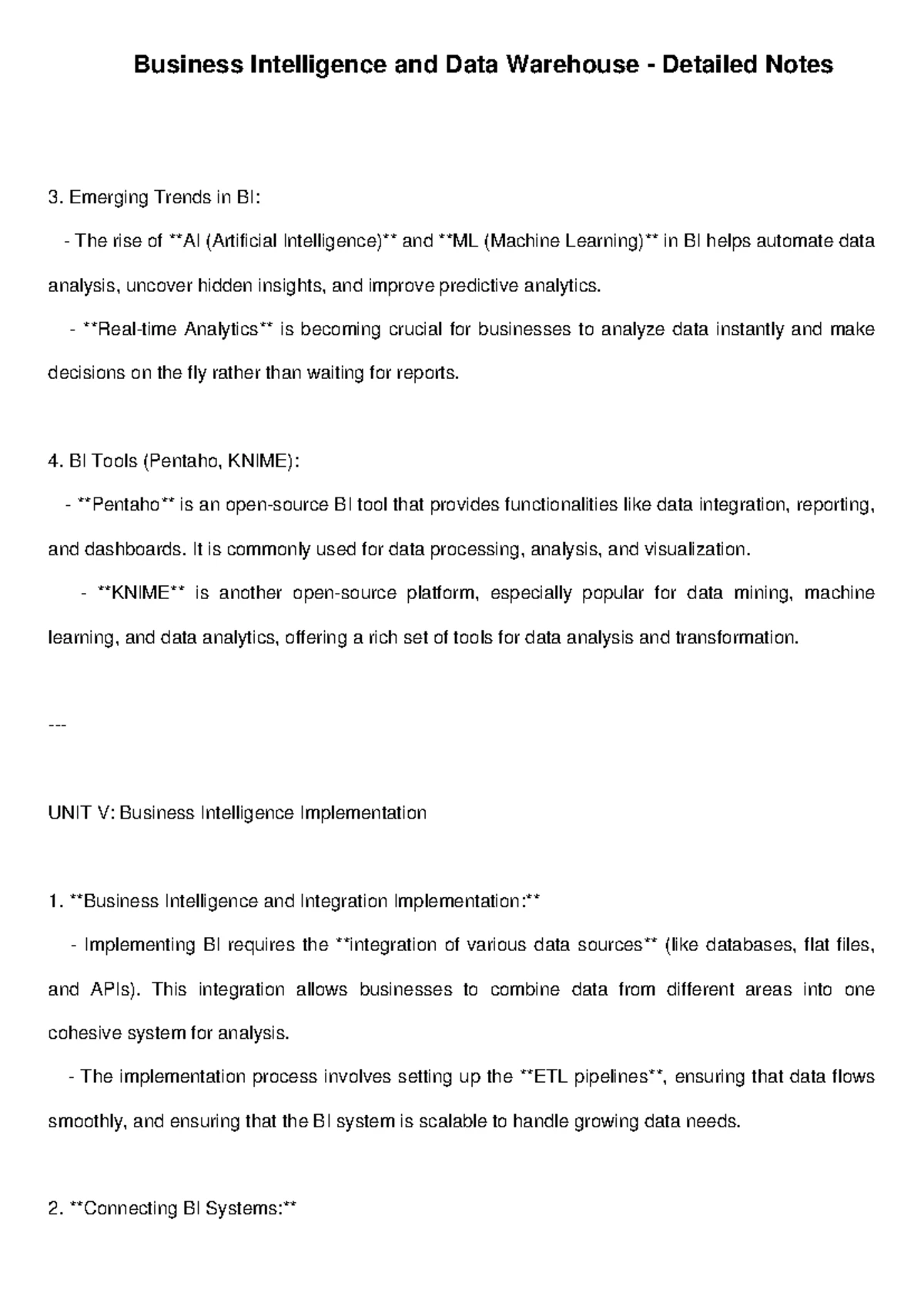 Business Intelligence (BI) & Data Warehouse Notes - UNIT I Overview ...