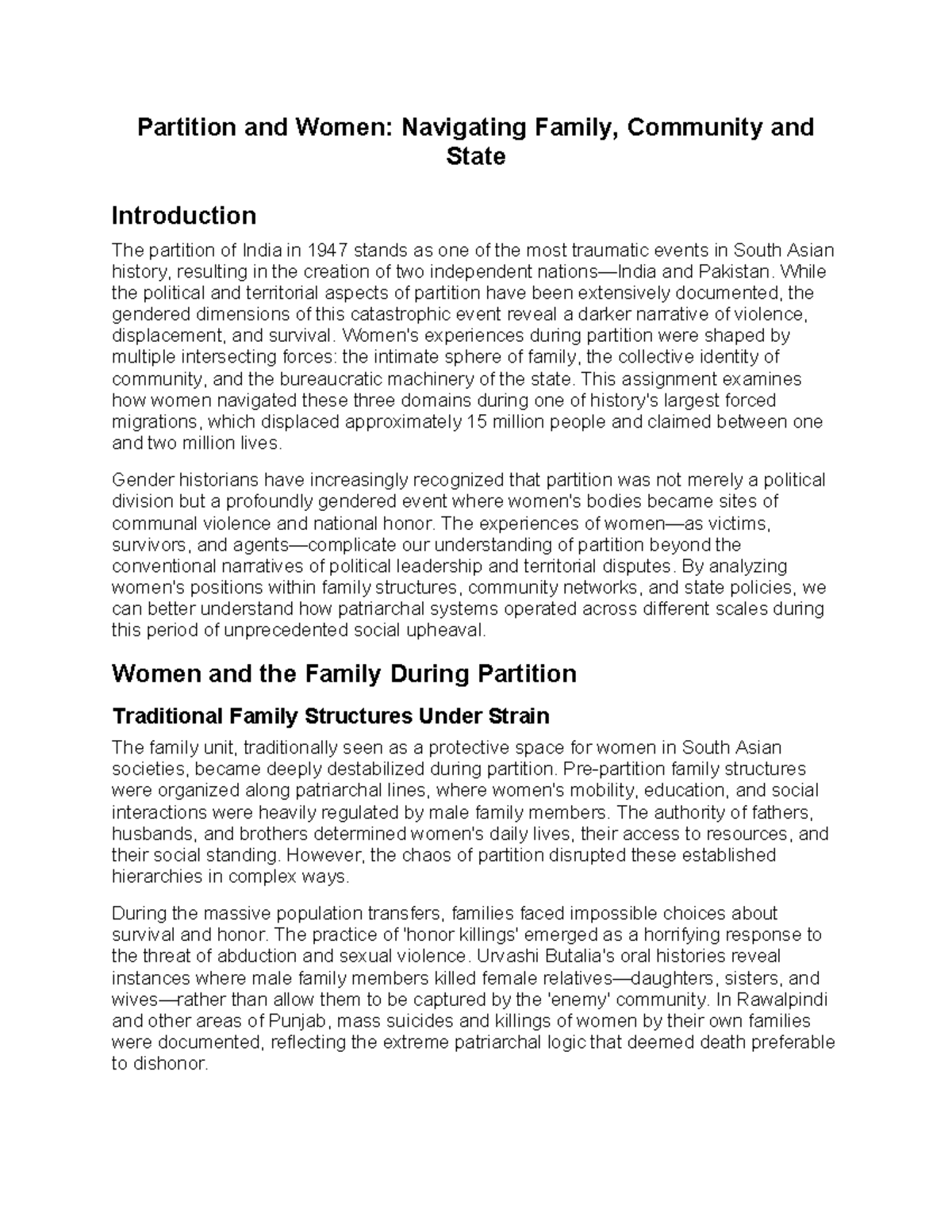 Partition and Women: Navigating Family, Community, and State Dynamics ...