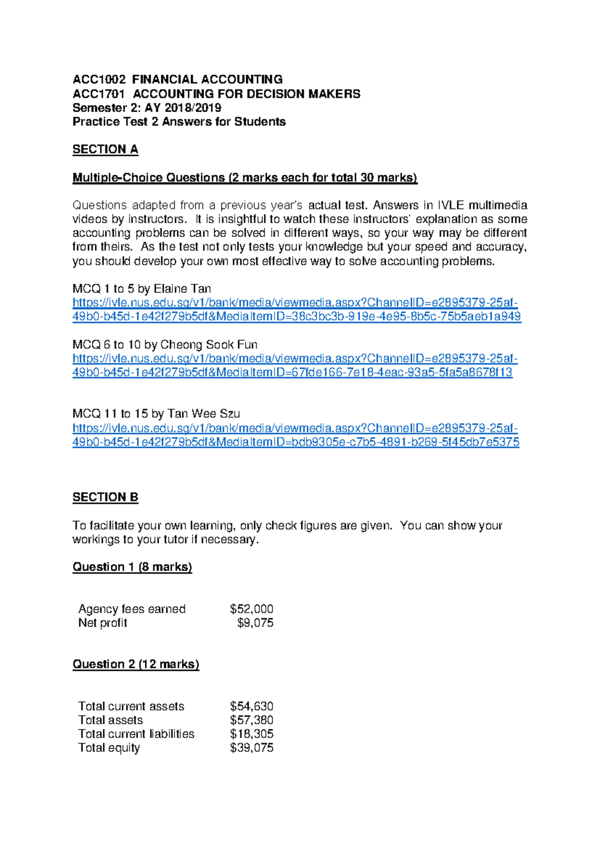 Answers for Students Practice Test 2 - ACC1002 FINANCIAL ACCOUNTING ...