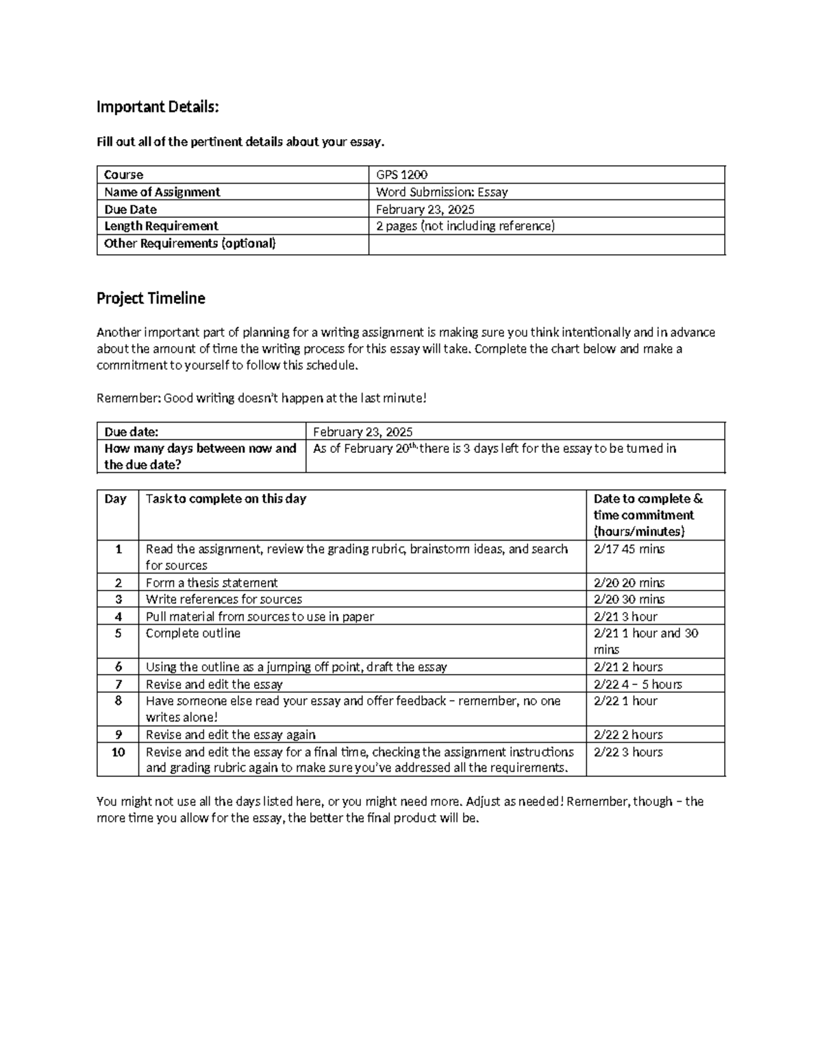 GPS 1200 Week 7 Essay Timeline & Planning Notes - Studocu