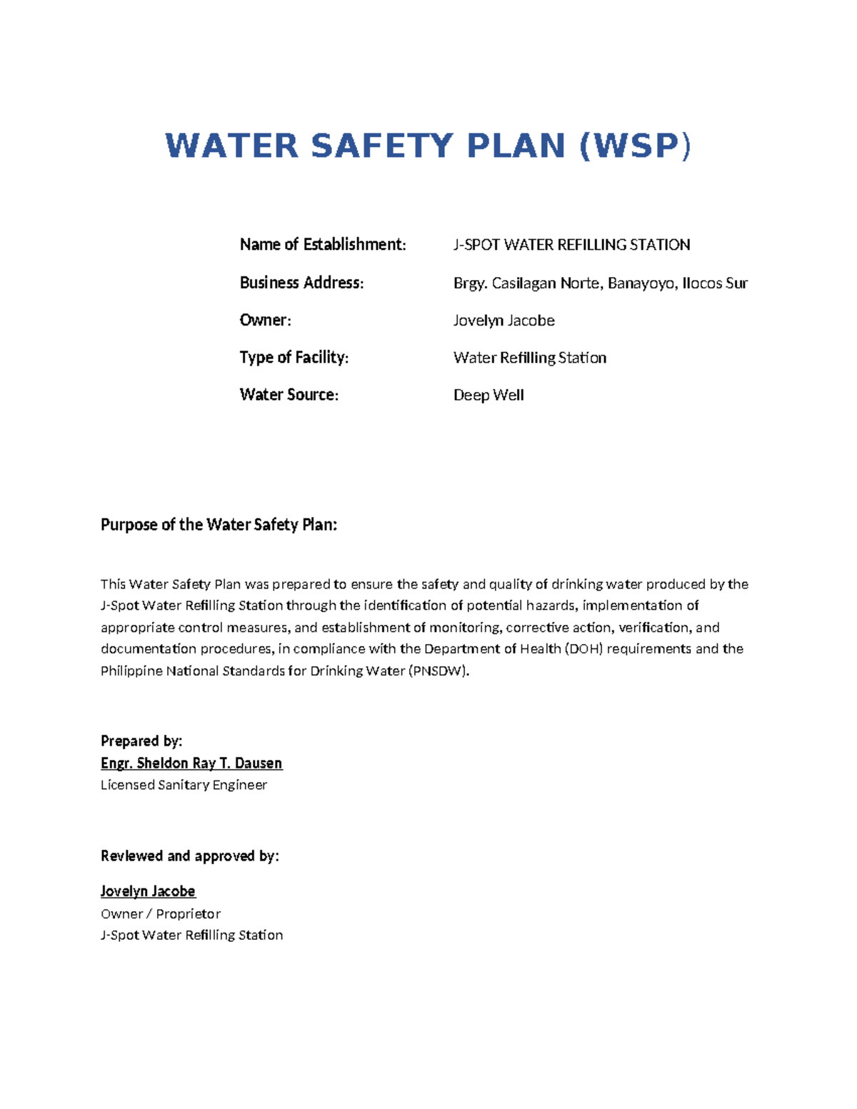 WSP: Water Safety Plan for Water Refilling Station in Ilocos Sur - Studocu