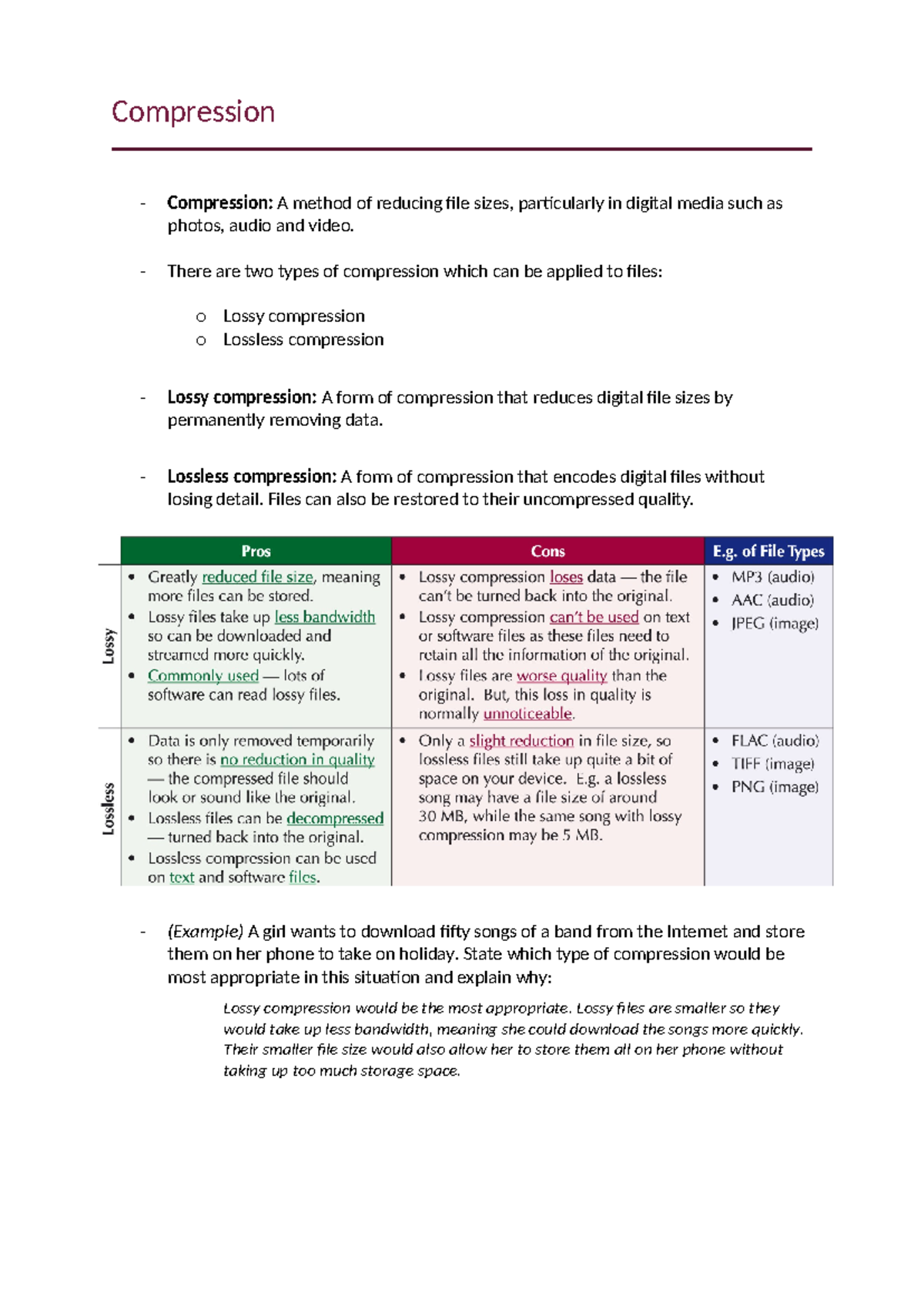Compression Notes - Paper 1 - Compression - Compression: A method of ...