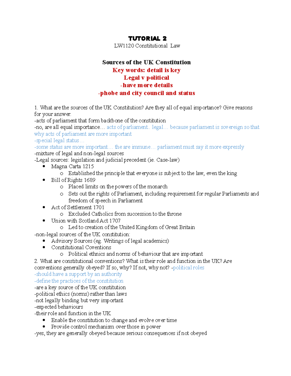 Constitutional - Tutorial 2 - TUTORIAL 2 LW1120 Constitutional Law ...