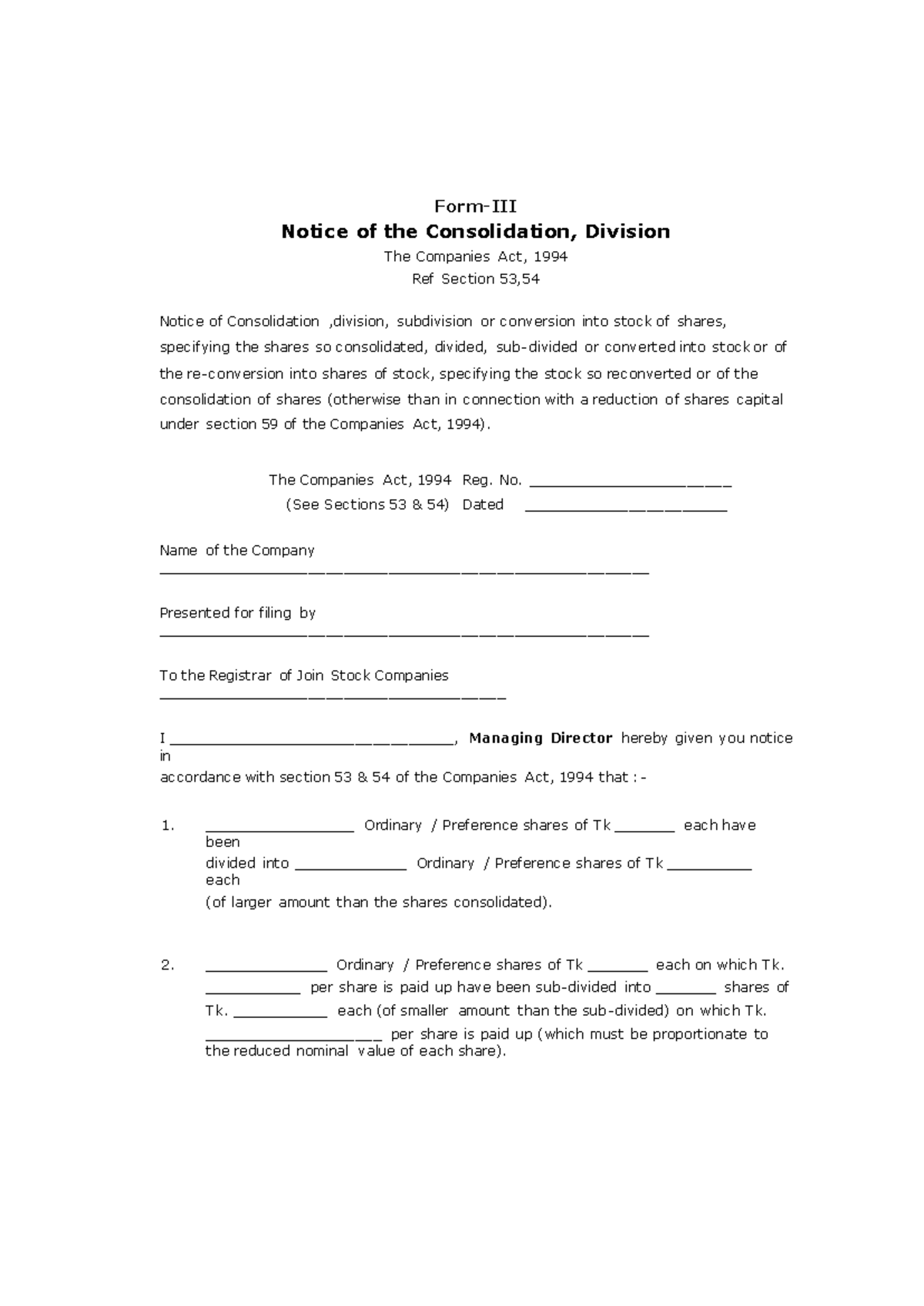 RJSC-FORM-III - Notice of Consolidation and Division under Companies ...