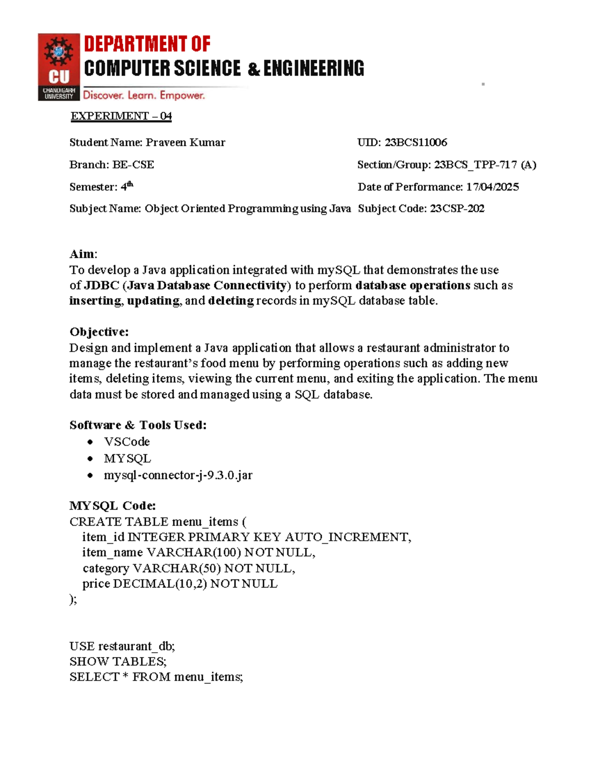 CSE 4th Sem OOP with Java: JDBC Menu Management System Experiment 04 ...