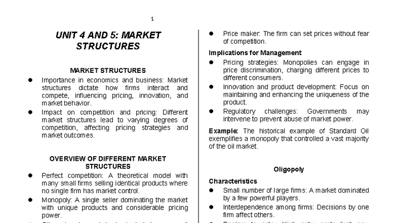 AE101 F Notes: Market Structures Overview and Implications - Studocu
