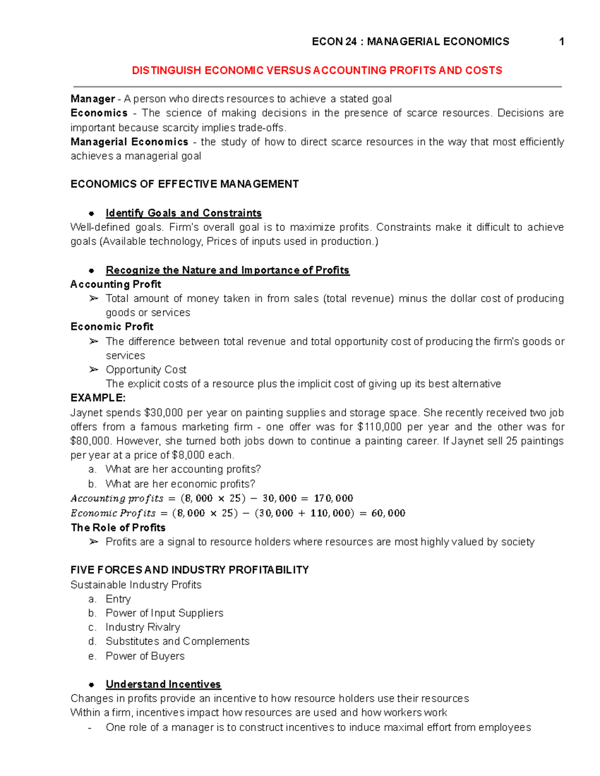 Econ 24 - Managerial Economics Chapter Notes on Profits and Costs - Studocu