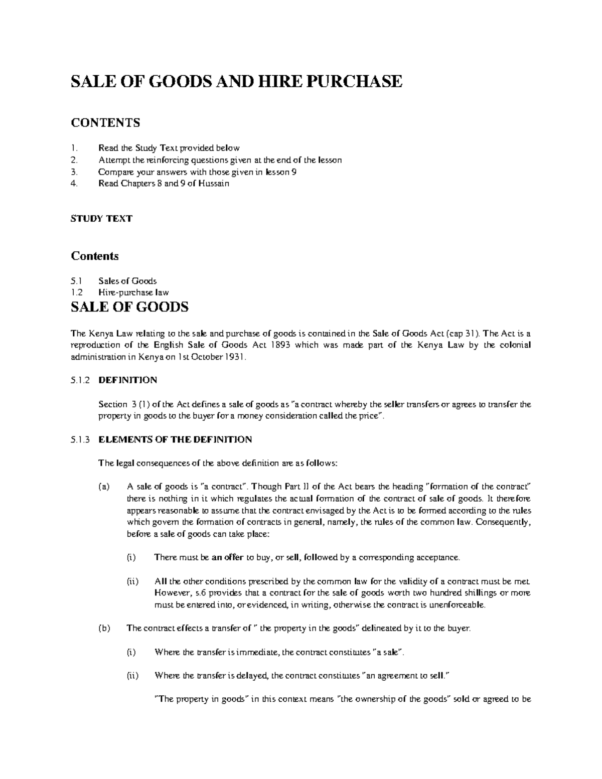 SALE OF GOODS LAW: Key Concepts and Principles (LAW 101) - Studocu