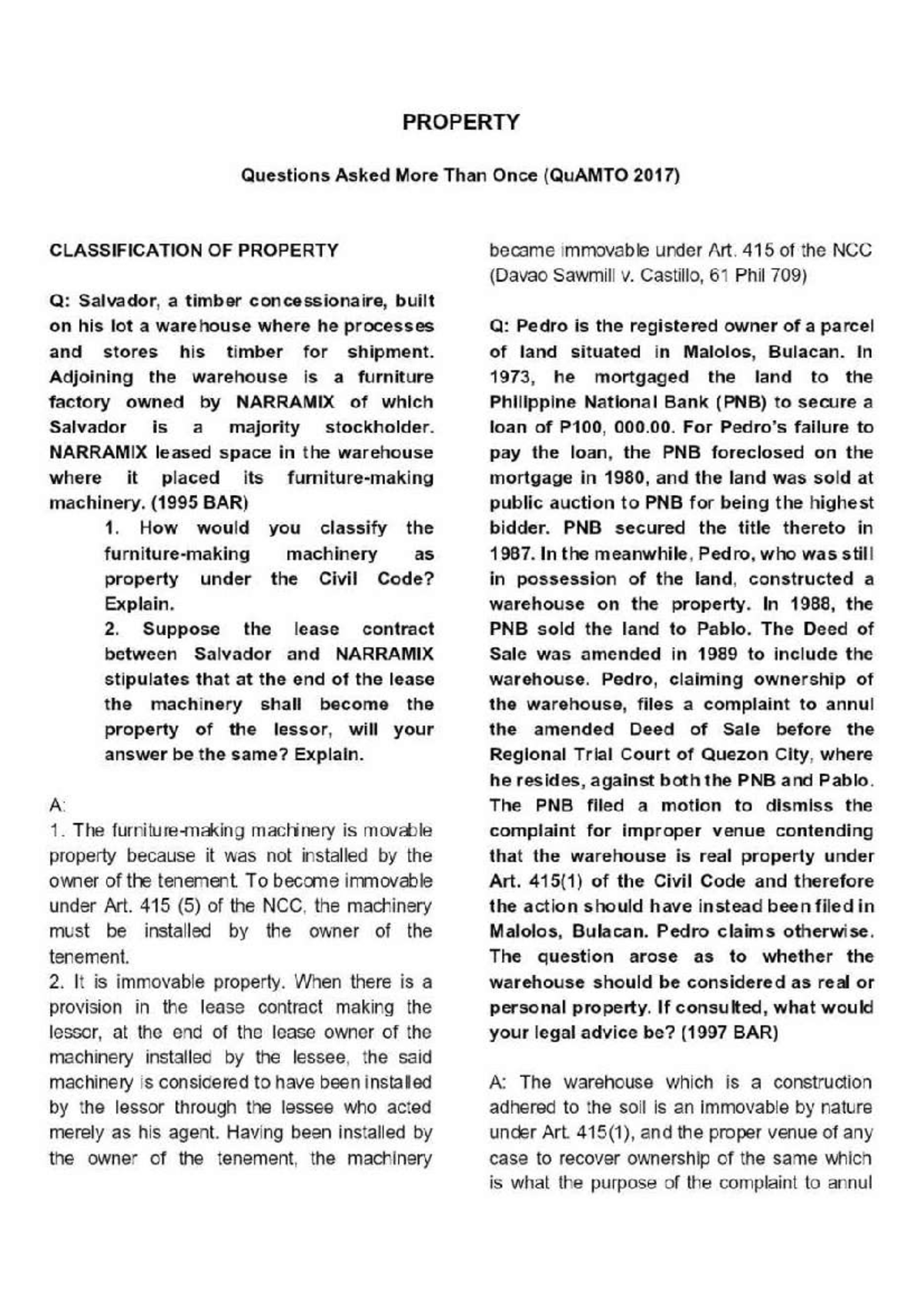 PROPERTY Law Bar Questions and Answers (QuAMTO 2017) - Studocu