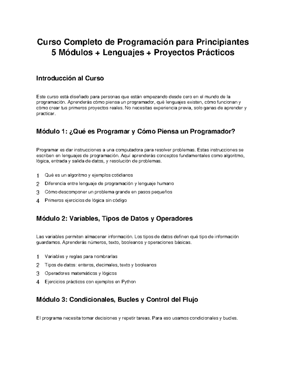 Curso Completo de Programación para Principiantes: 5 Módulos - Studocu