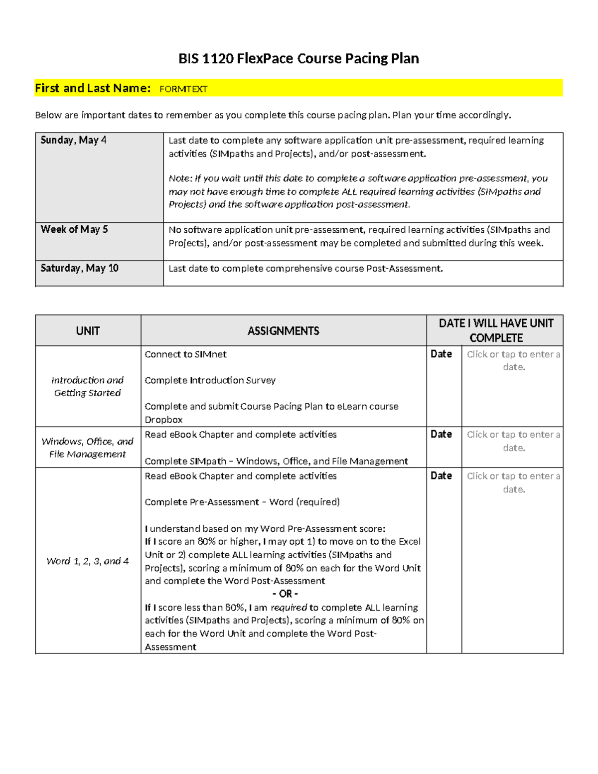Course Pacing Plan BIS1120Flex Pace 25SP - BIS 1120 FlexPace Course ...