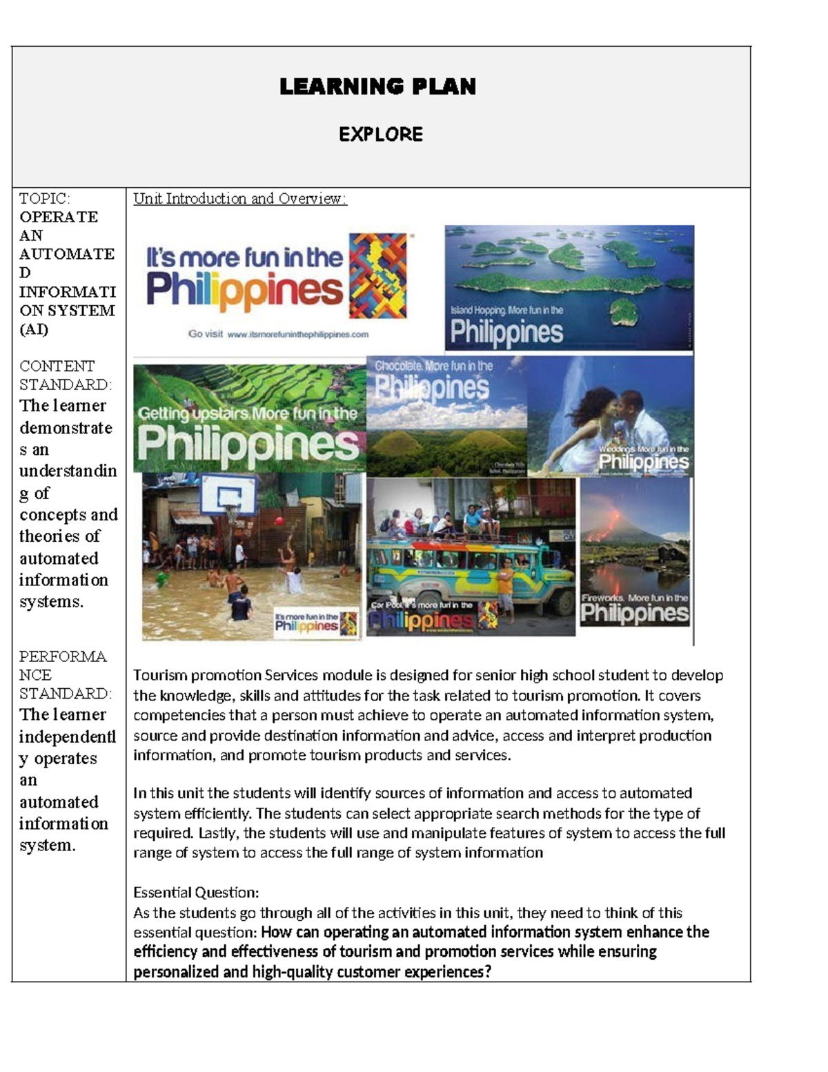 Quarter 1 Tourism Learning PLAN - LEARNING PLAN EXPLORE TOPIC: OPERATE ...