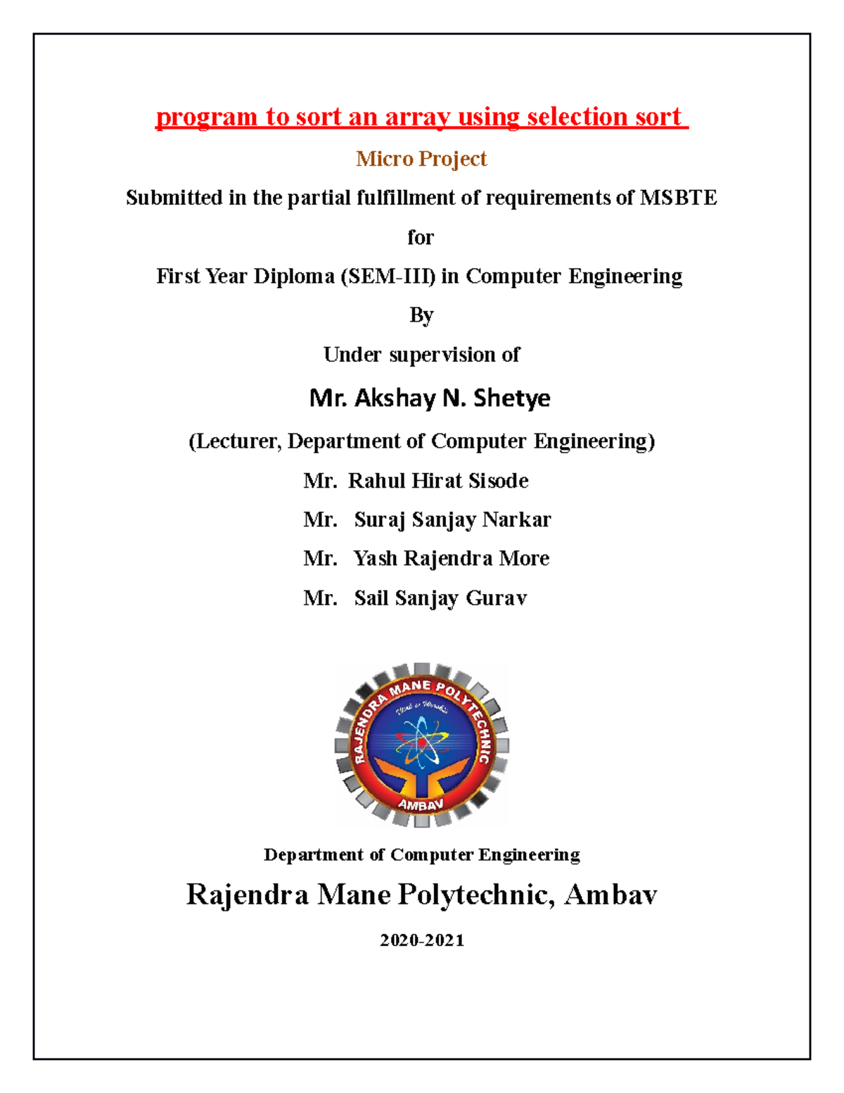 Micro project of dsu complete - program to sort an array using ...