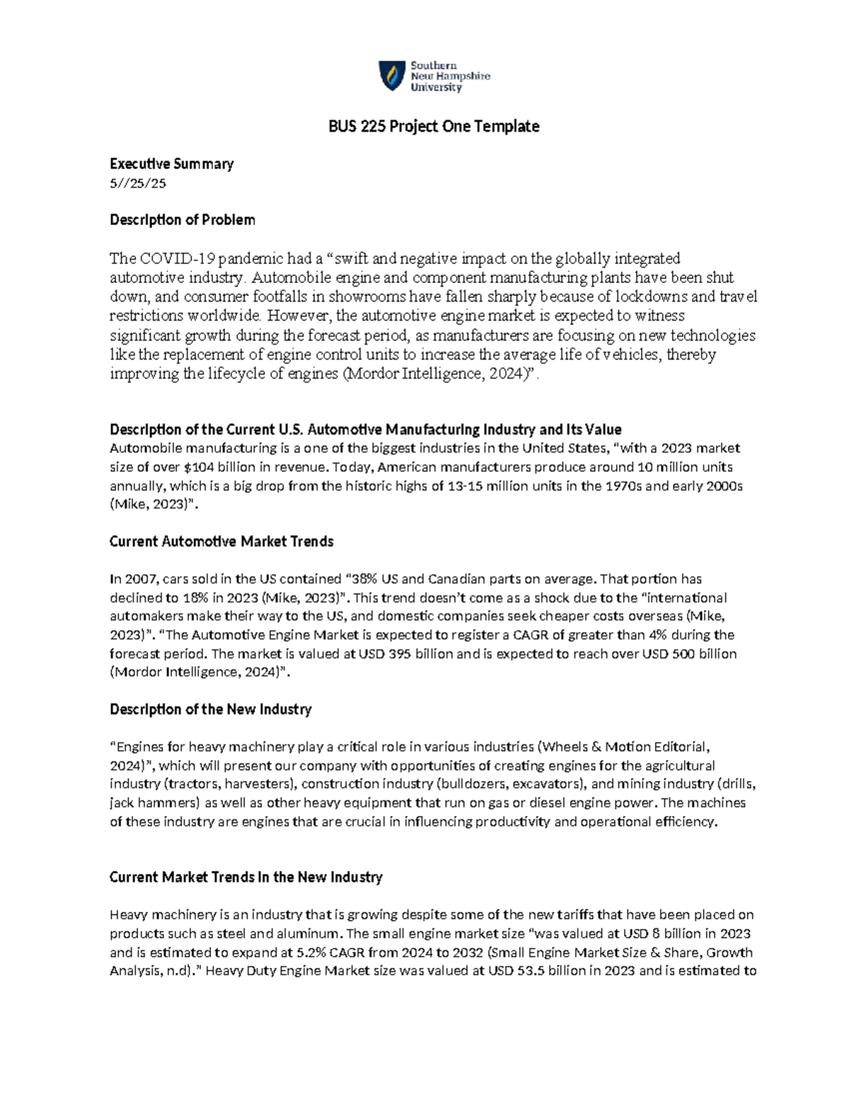 Bus 225 Project One Executive Summary On Automotive Industry Trends