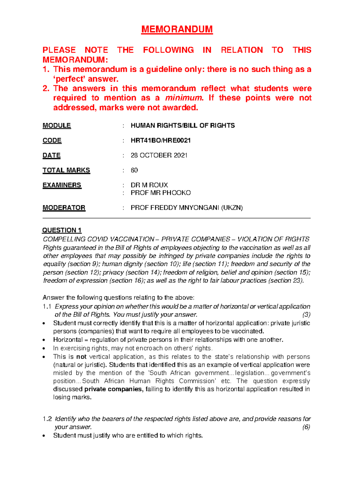 Memo: Main Exam Guidelines for HRT41BO - Human Rights (Nov 2021) - Studocu