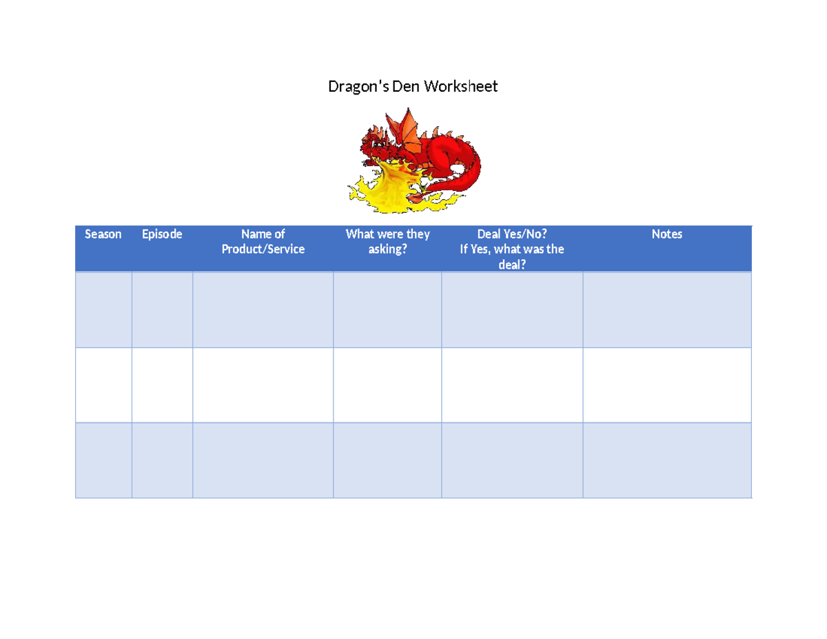 Dragon Den Worksheet - assignment notes - Dragon’s Den Worksheet Season ...