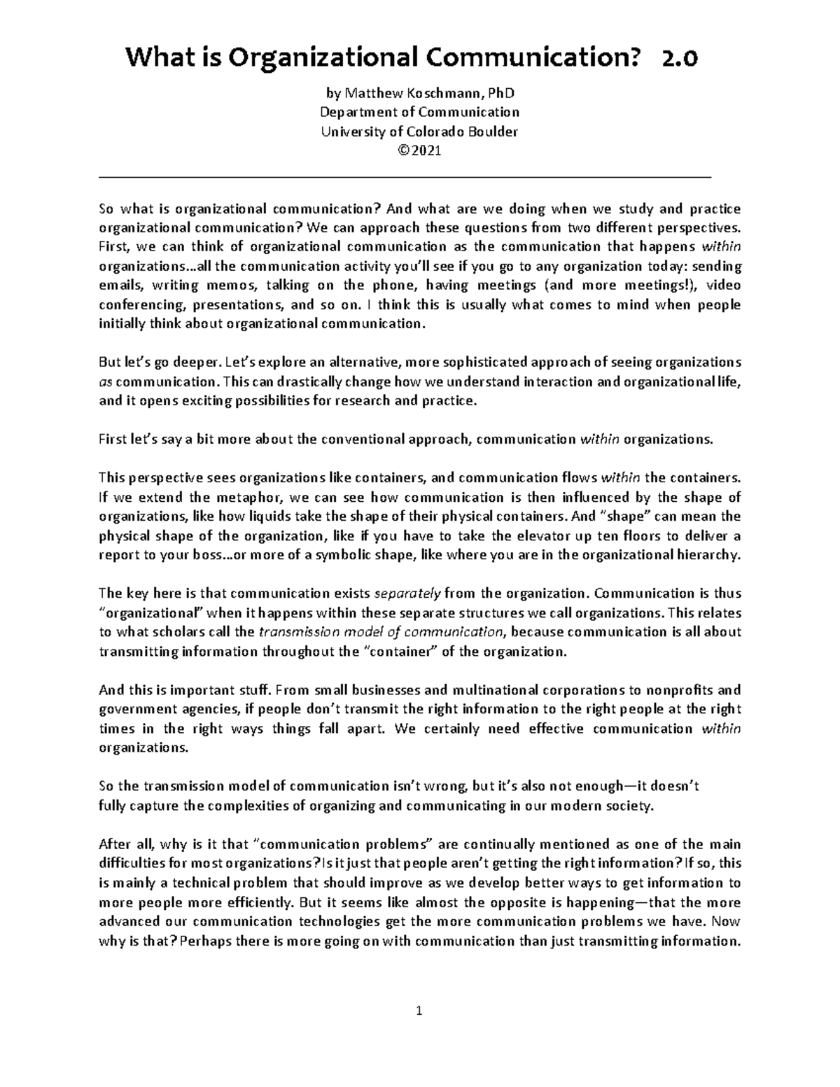 Understanding Organizational Communication: The Container vs ...