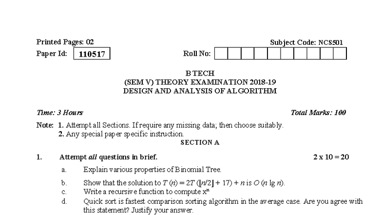 B.Tech CS V Sem Final Exam: Design & Analysis of Algorithms (NCS501 ...
