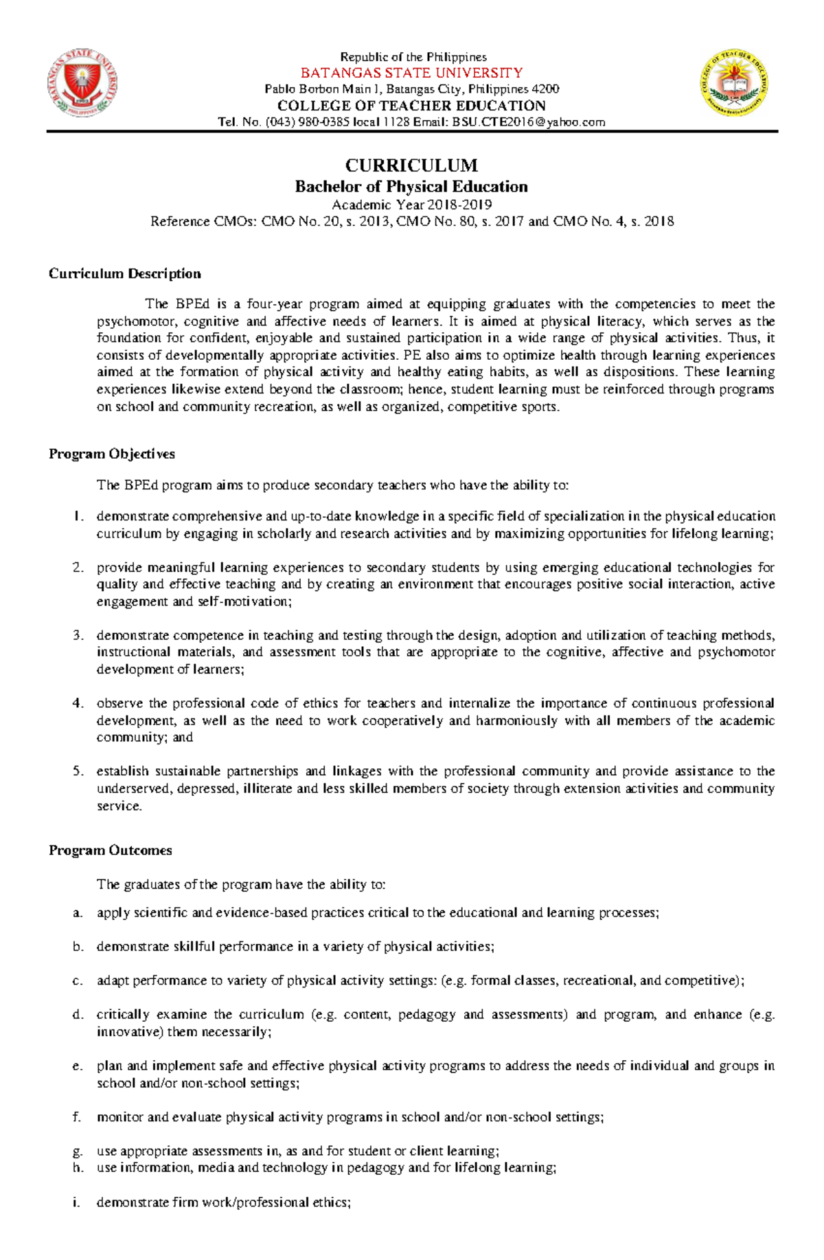 Bachelor of Physical Education Curriculum Overview (BPEd) - Studocu