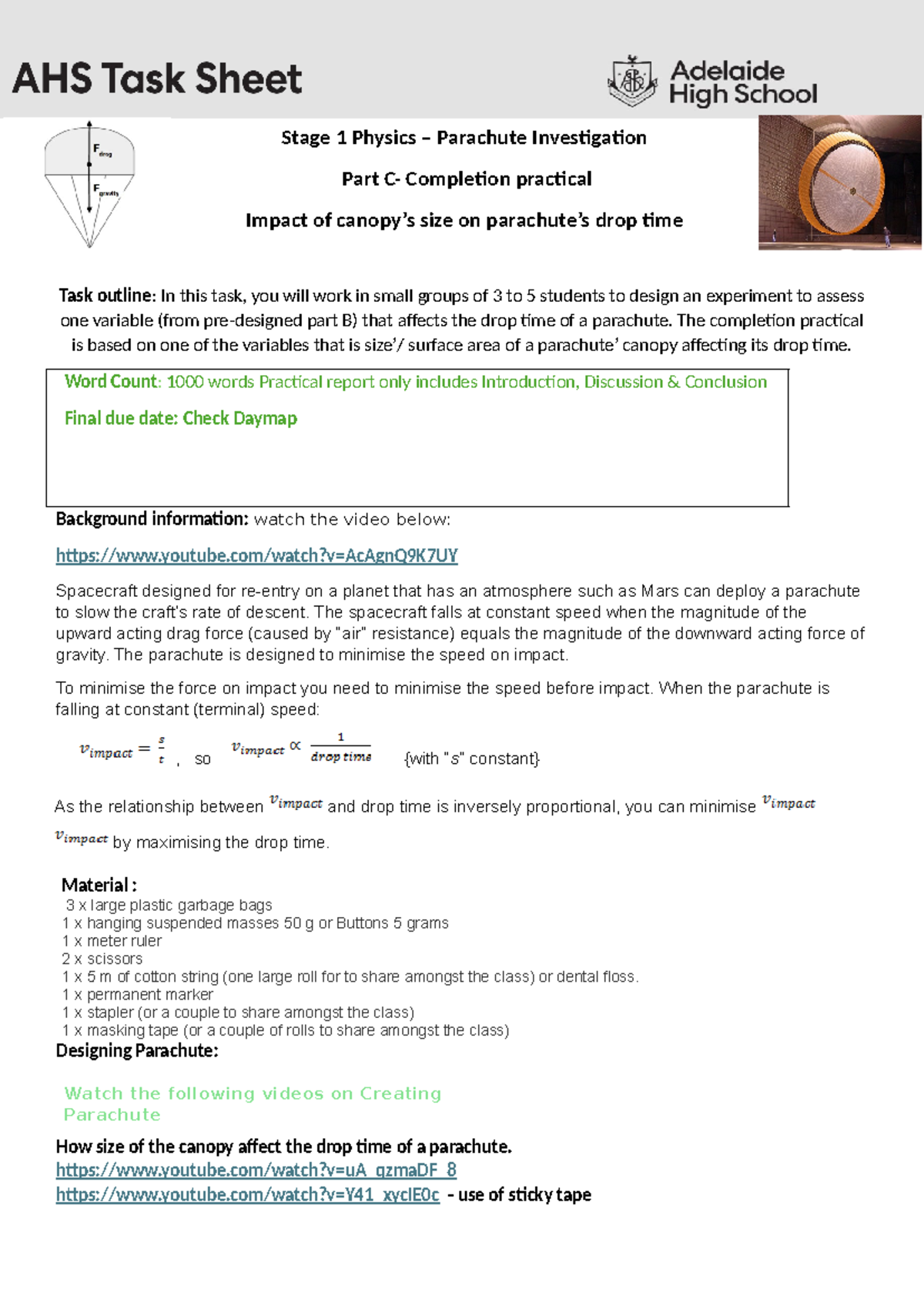 2024 Stage 1 Physics Folio - Practical Investigation on Parachute Drop ...