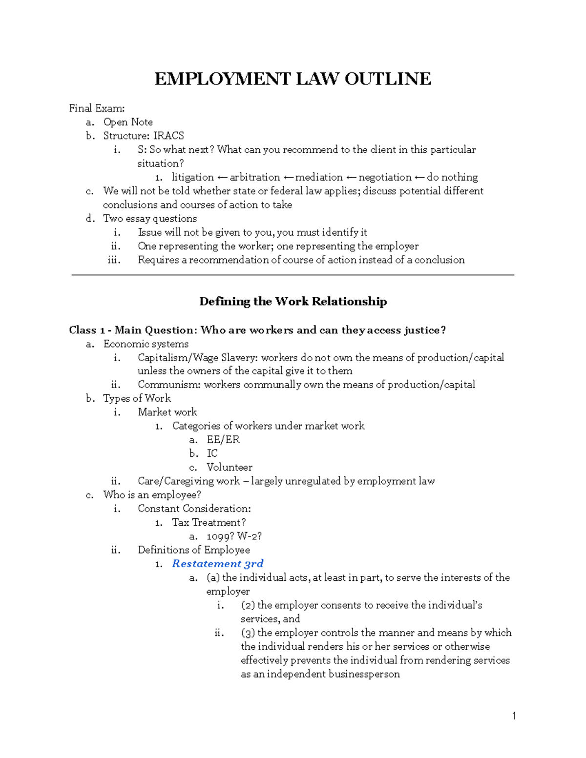 Employment Law Final Exam Notes (Course Code: LAW 301) - Studocu