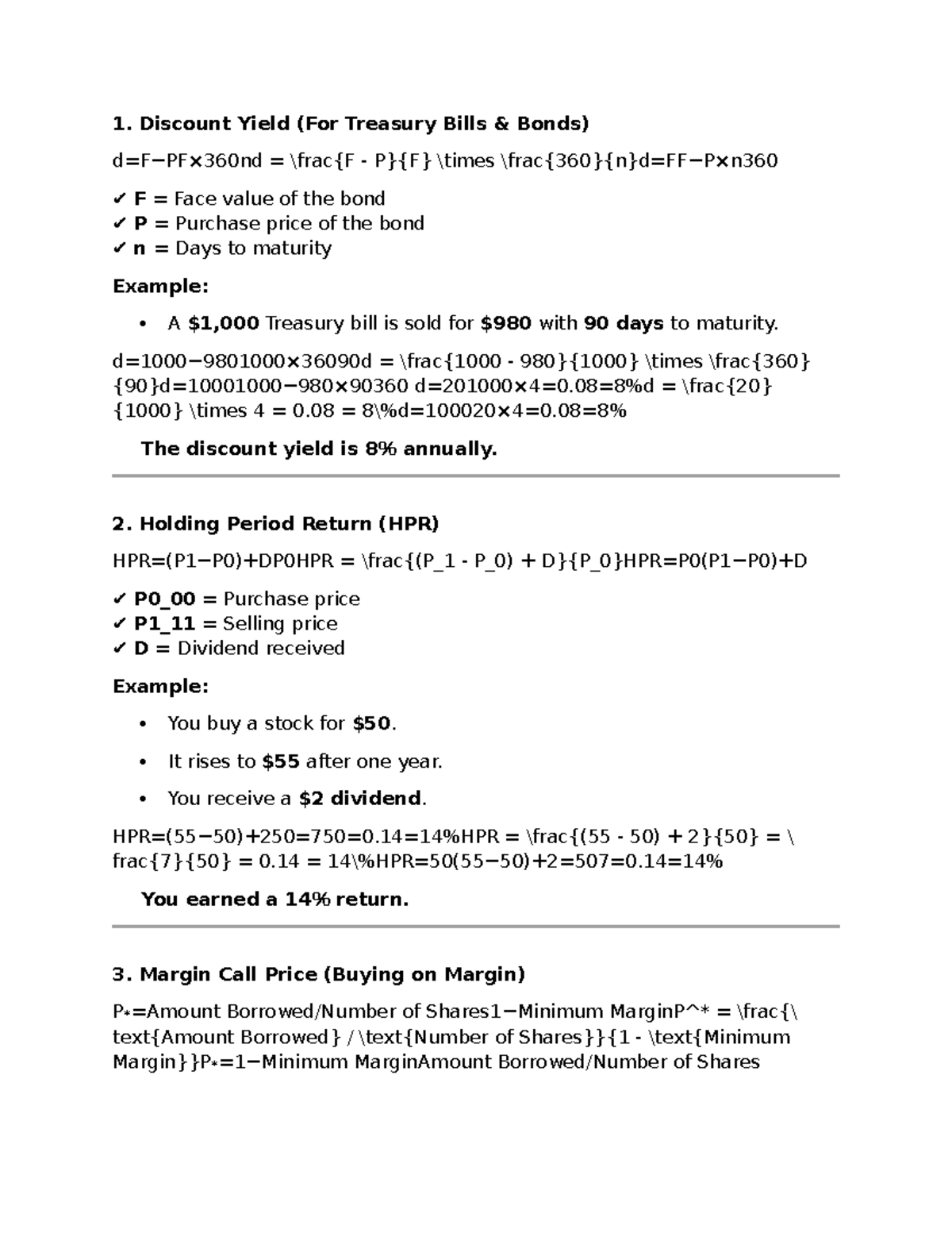 Formula Sheet Examples - Discount Yield (For Treasury Bills & Bonds) d ...
