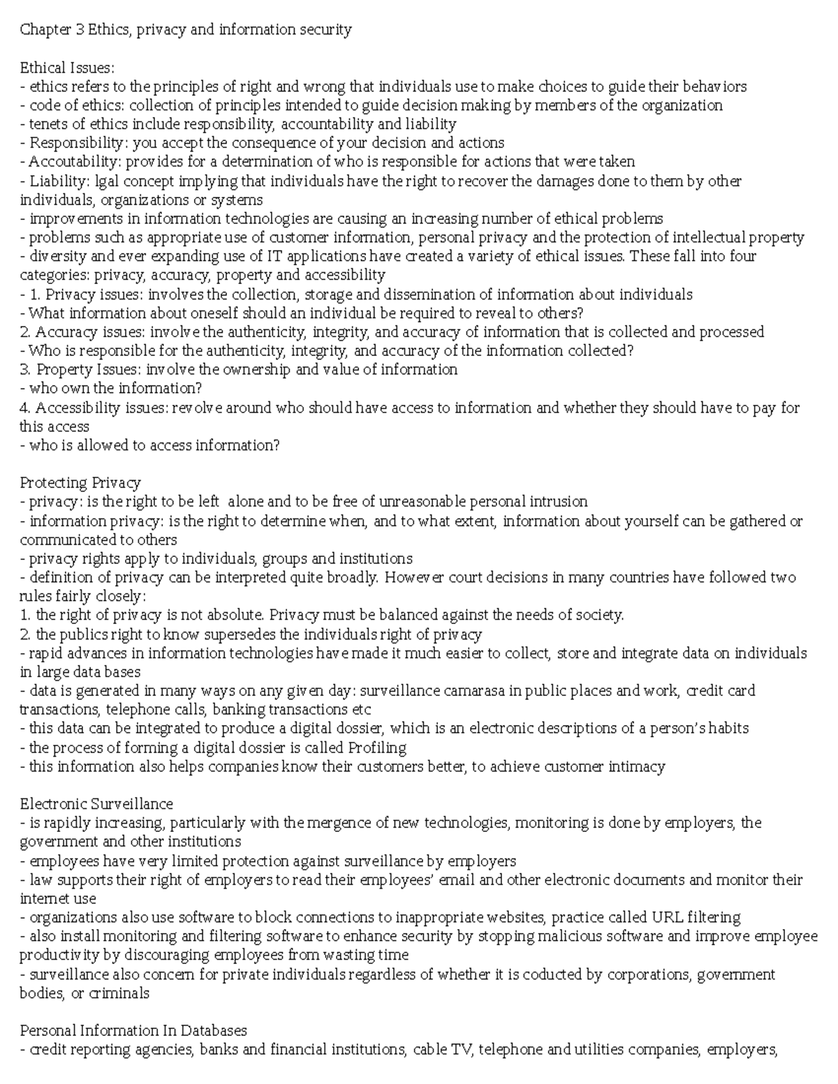 Chapter 3 Notes - Chapter 3 Ethics, privacy and information security ...