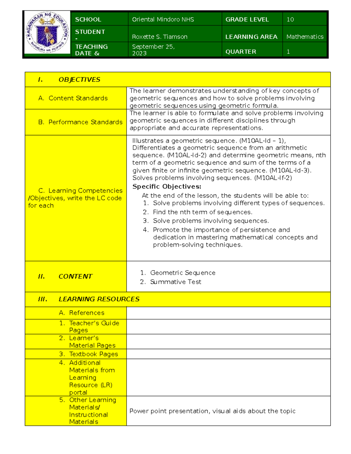 Mathematics 10 - Lesson Plan on Geometric Sequences - Studocu