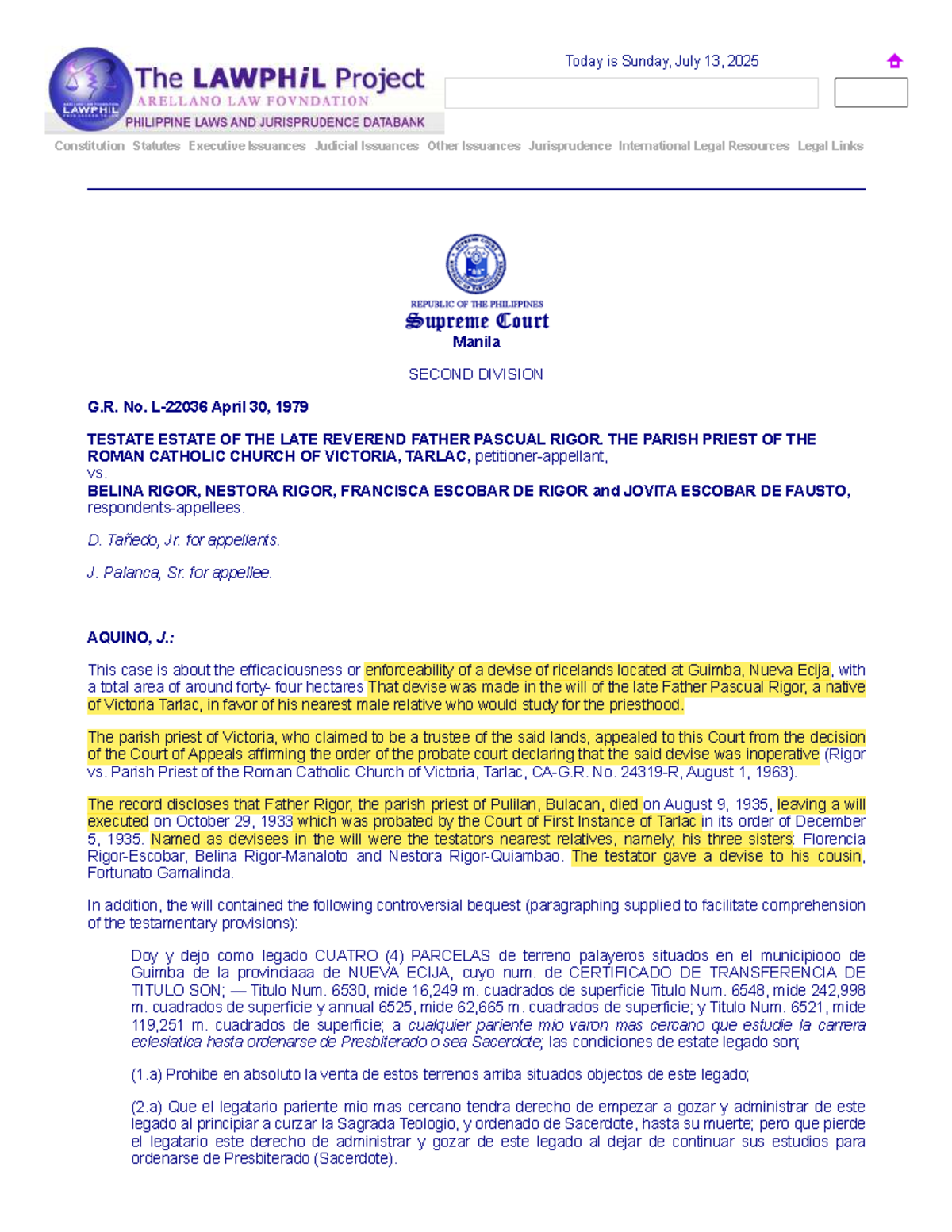 Parish Priest of Victoria v. Rigor: G.R. No. 89 SCRA 493 Case Analysis ...