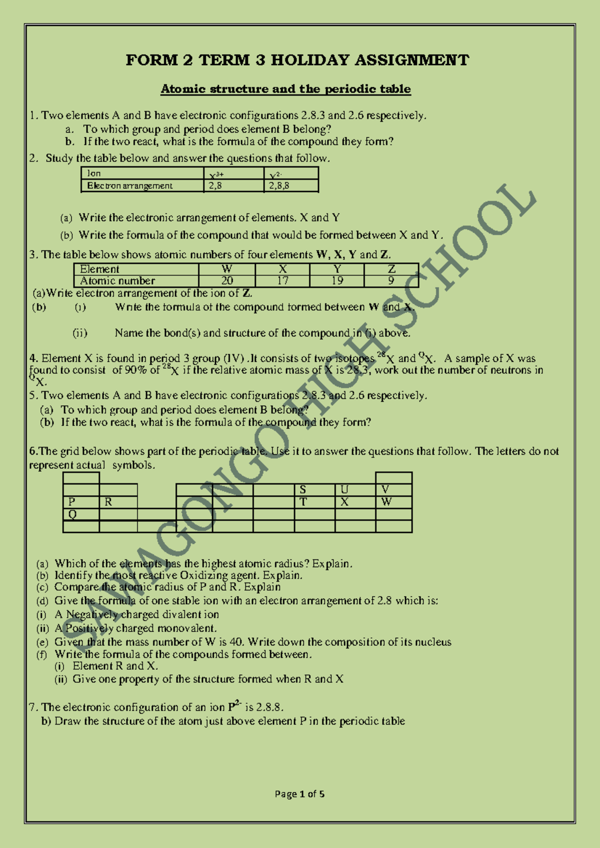 CHEMISTRY ASSIGNMENTS - FORM 2 TERM 3 HOLIDAY ASSIGNMENT Atomic ...