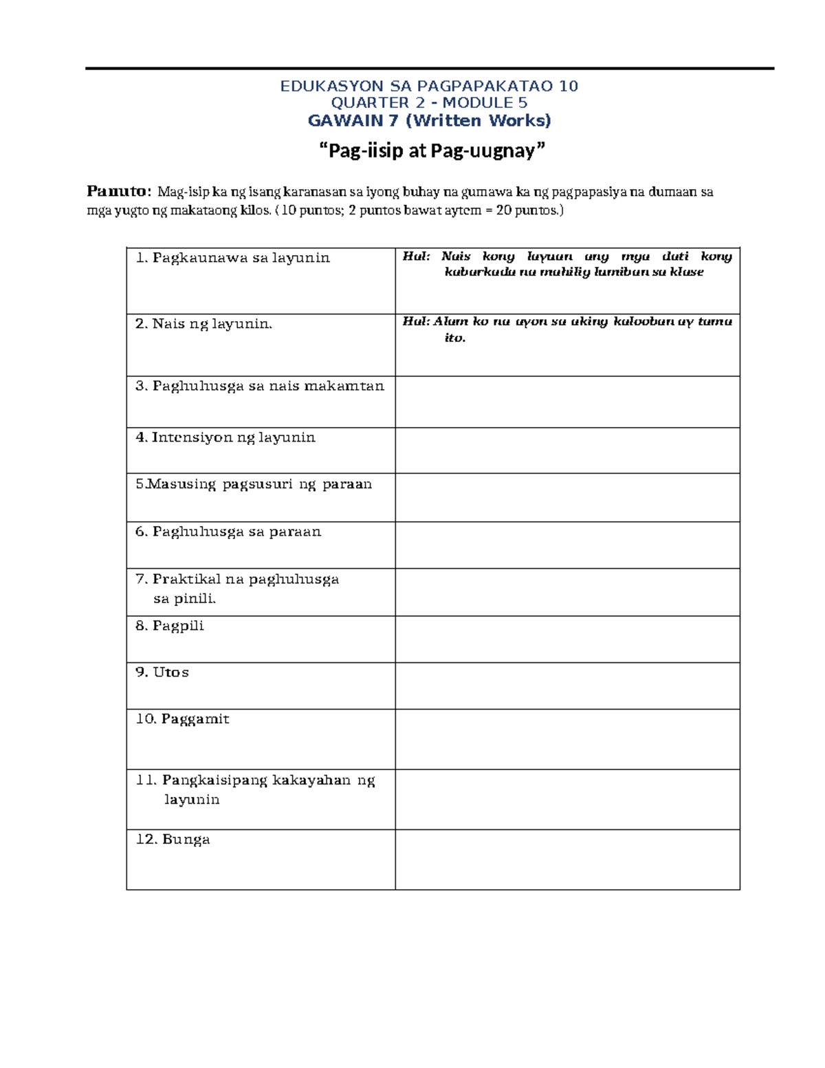 Q2 module 5 gawain 7 - non - EDUKASYON SA PAGPAPAKATAO 10 QUARTER 2 ...