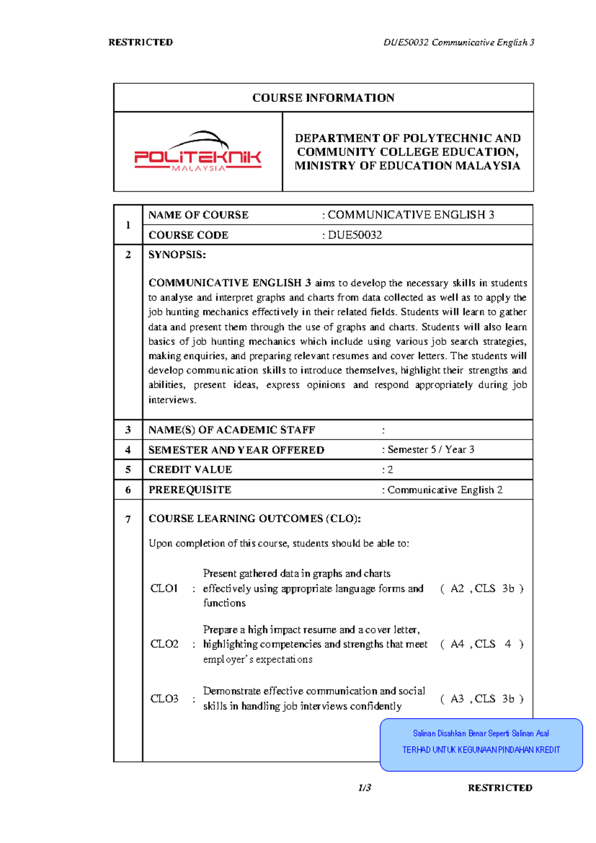 Due50032 Communicative English 3 Course Overview And Learning Outcomes