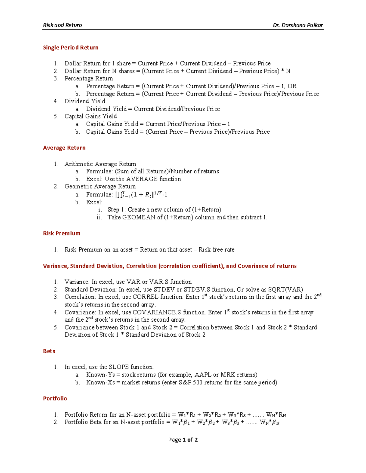 437546833 Risk and Return Formulas - Study Notes by Dr. Palkar - Studocu