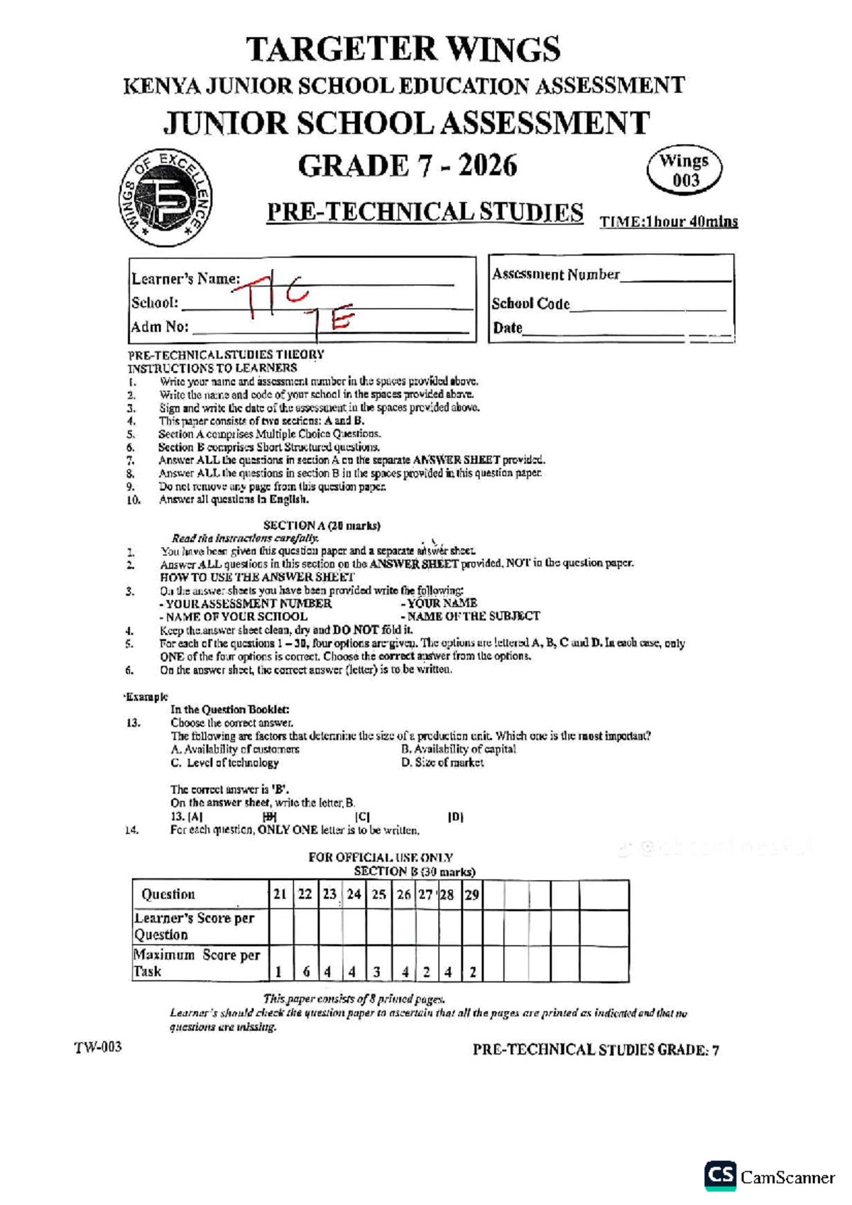 Grade 7 PRE Technical Studies Assessment Targeter Wings 2026 Studocu