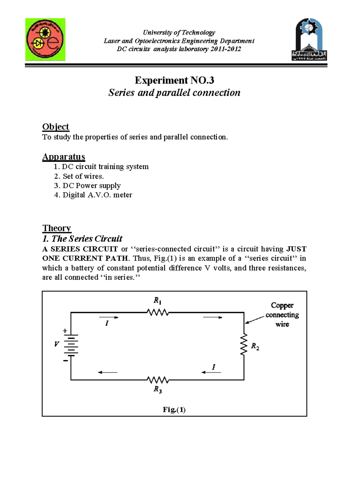 DC Circuits Analysis Lab: Experiment No. 3 on Series & Parallel ...