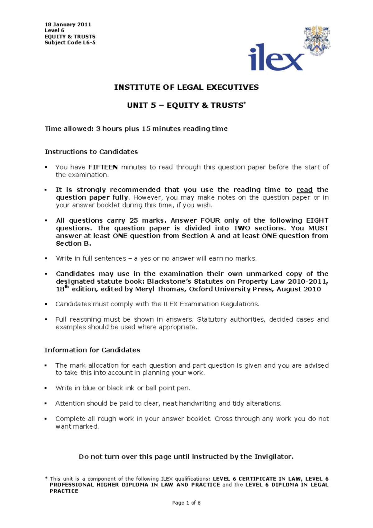 L6 Equity & Trusts Final Exam Questions - January 2011 - Studocu