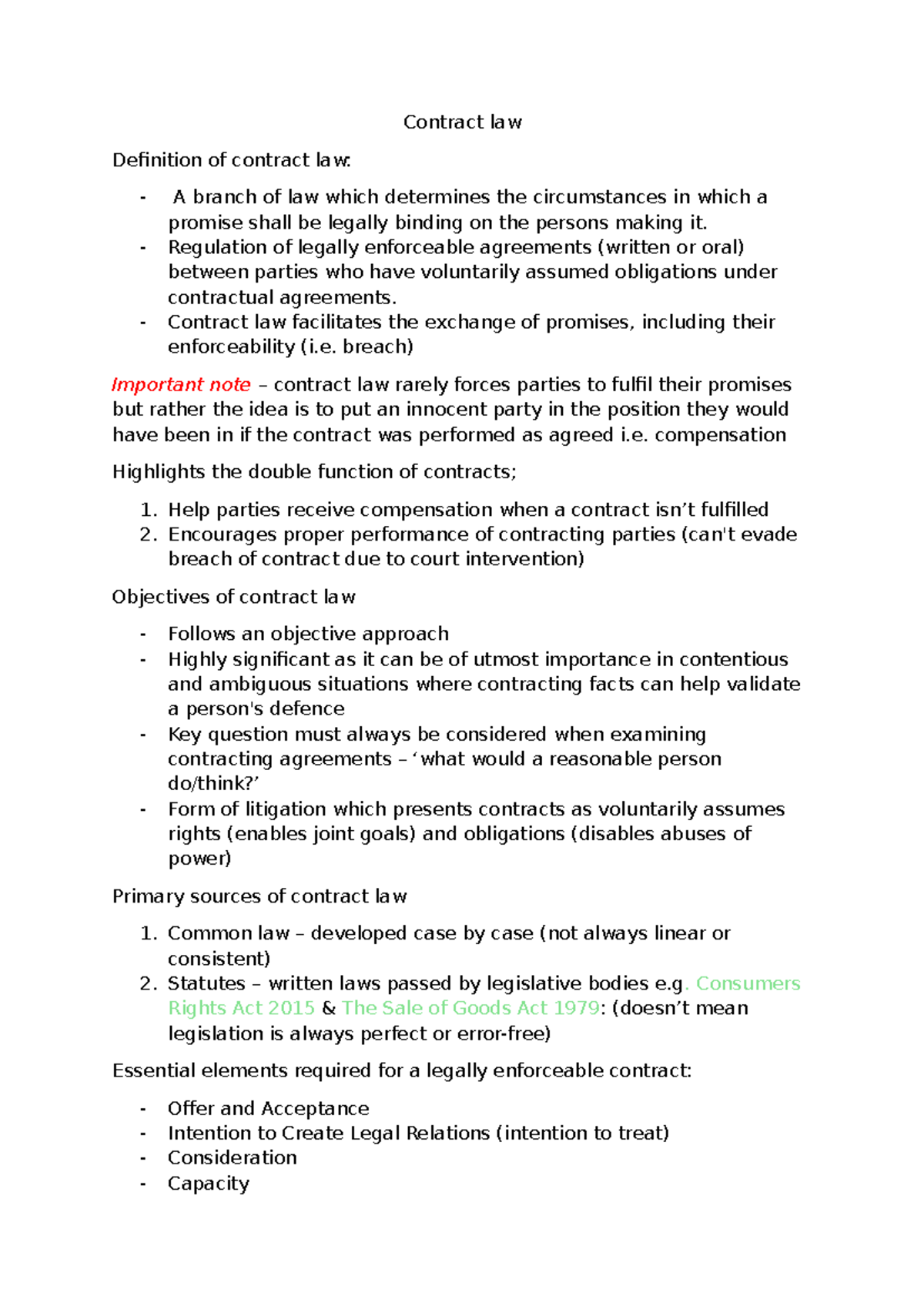 Contract Law Notes: Key Concepts and Principles - Studocu