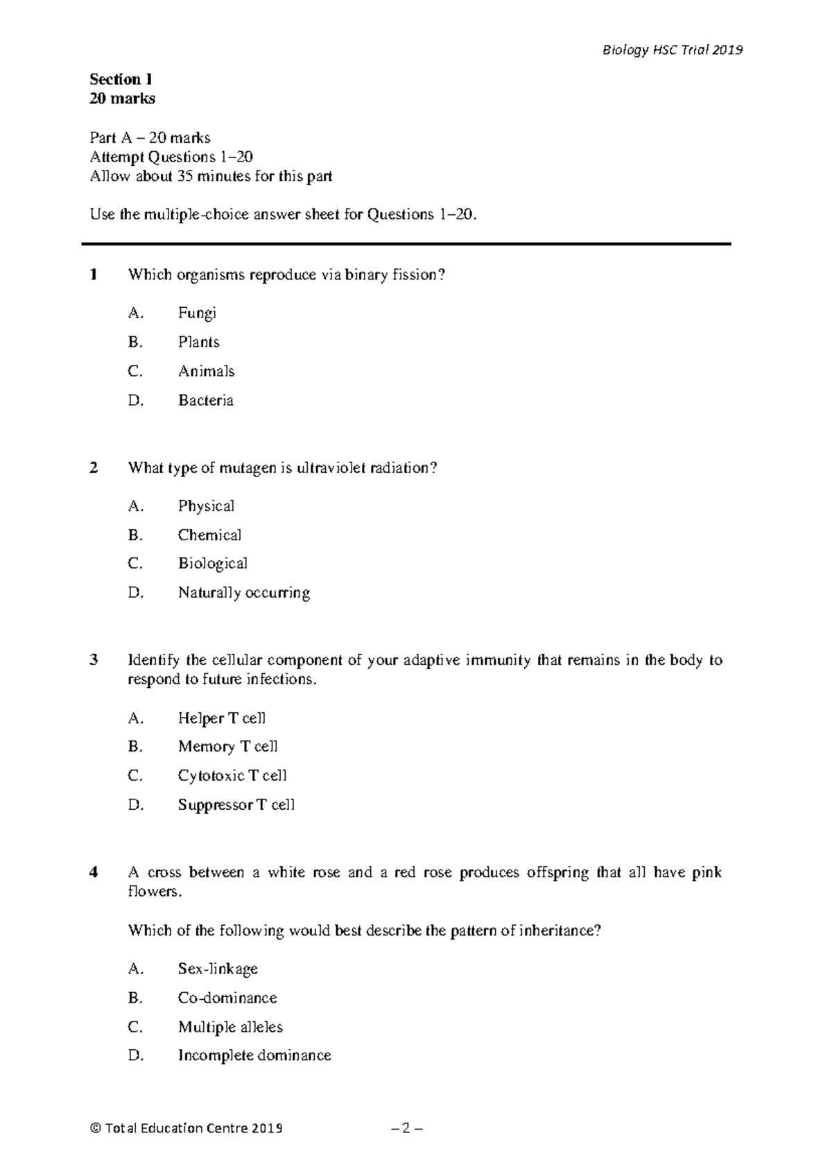 Biology HSC Trial Exam 2019 - Total Education Centre - Studocu