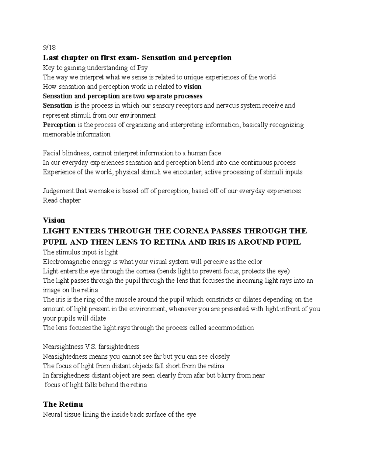 Psychology PSY Final Exam Notes: Sensation & Perception Concepts - Studocu