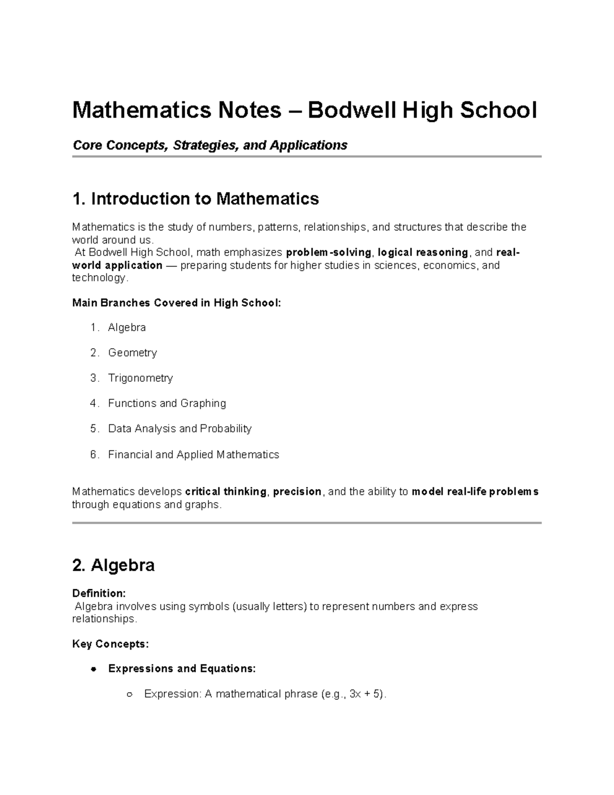 Mathematics Notes: Core Concepts & Strategies at Bodwell High School ...