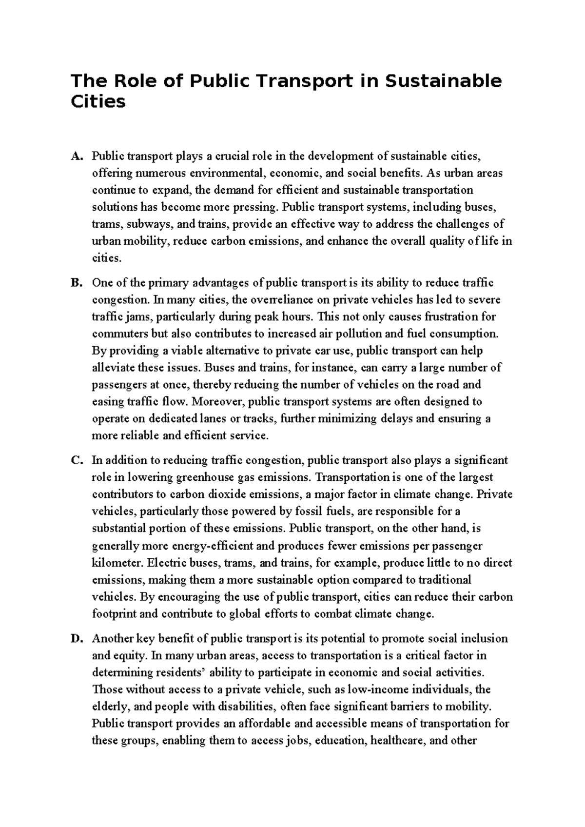The Role of Public Transport in Sustainable Urban Development: A Case ...