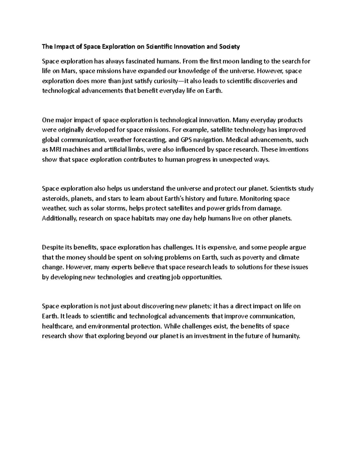 The Impact of Space Exploration on Scientific Innovation and Society ...