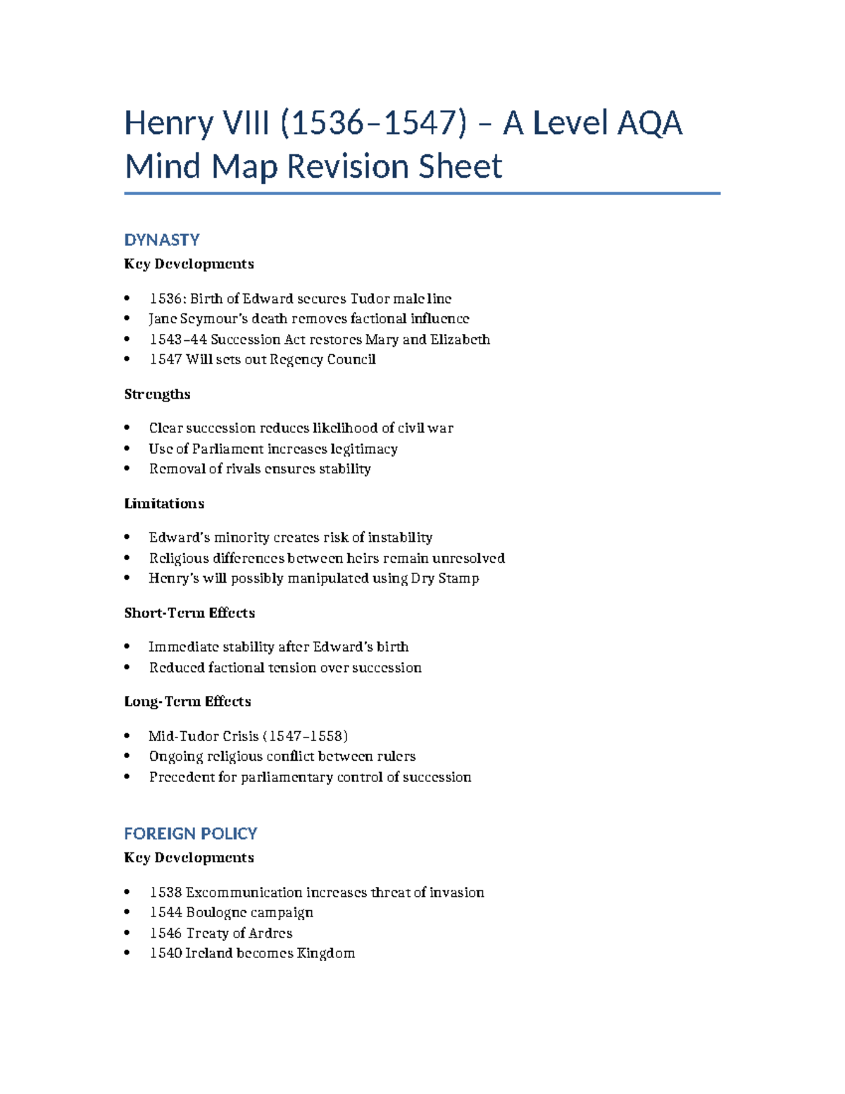 Henry VIII A Level AQA Mind Map Revision Sheet: Key Developments ...