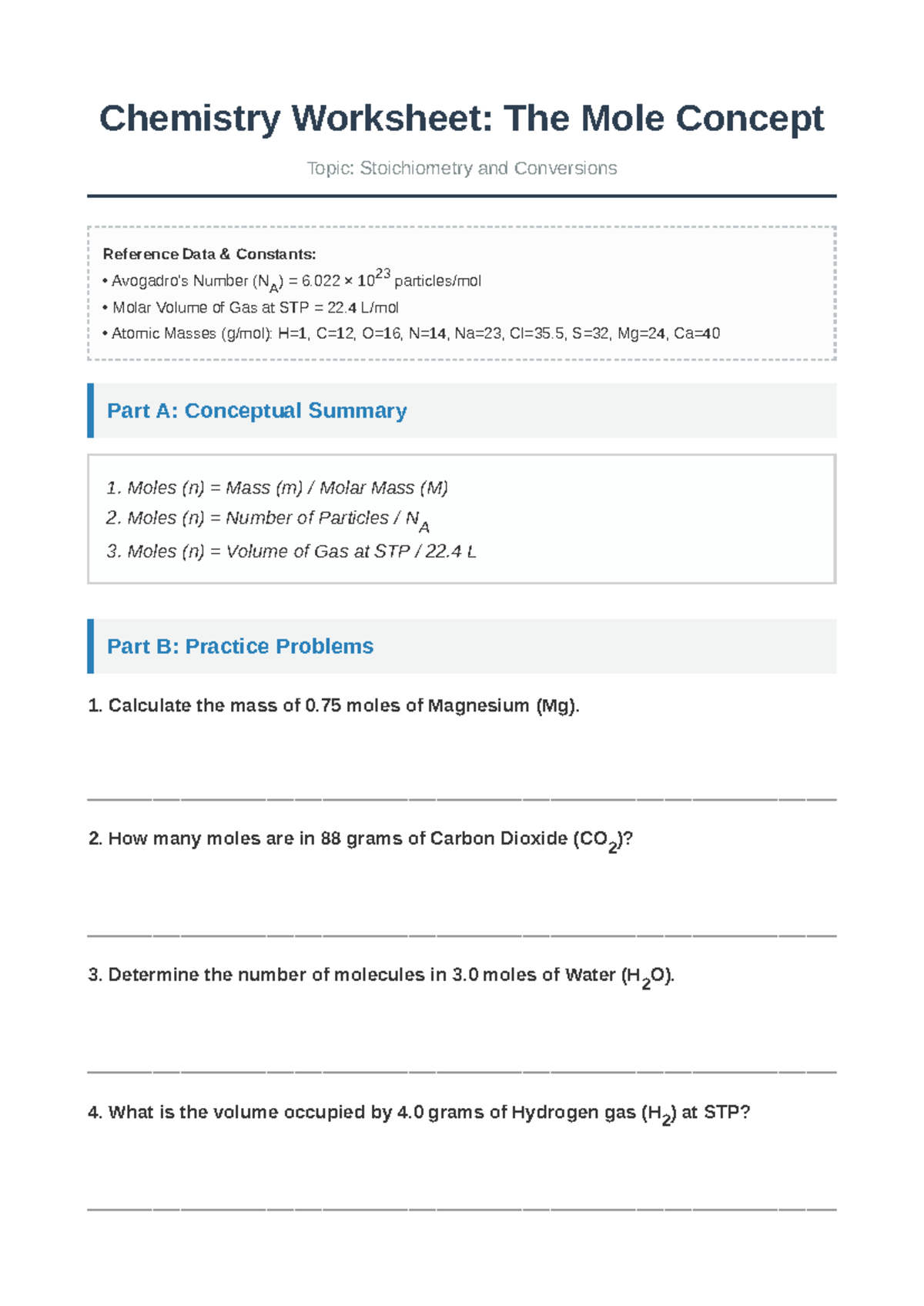 Chemistry Worksheet: Mole Concept & Stoichiometry (CHEM 101) - Studocu