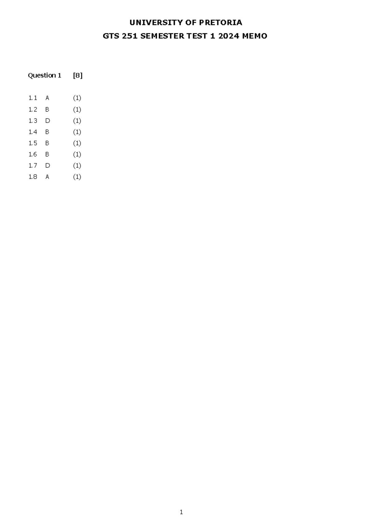 GTS 251 Semester Test 1 2024 Memo: Detailed Solutions and Explanations ...