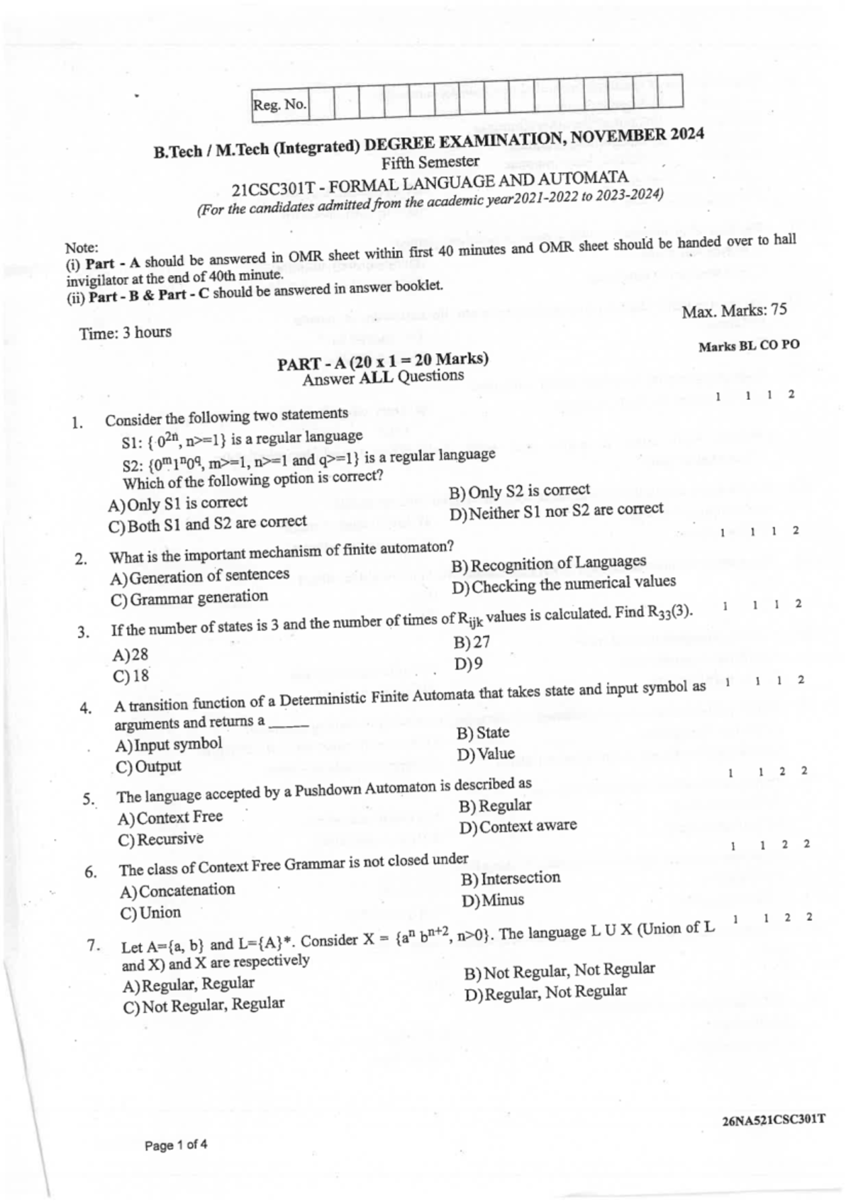 QP 21CSC301T Formal Language & Automata Exam - Nov 2024 - Studocu
