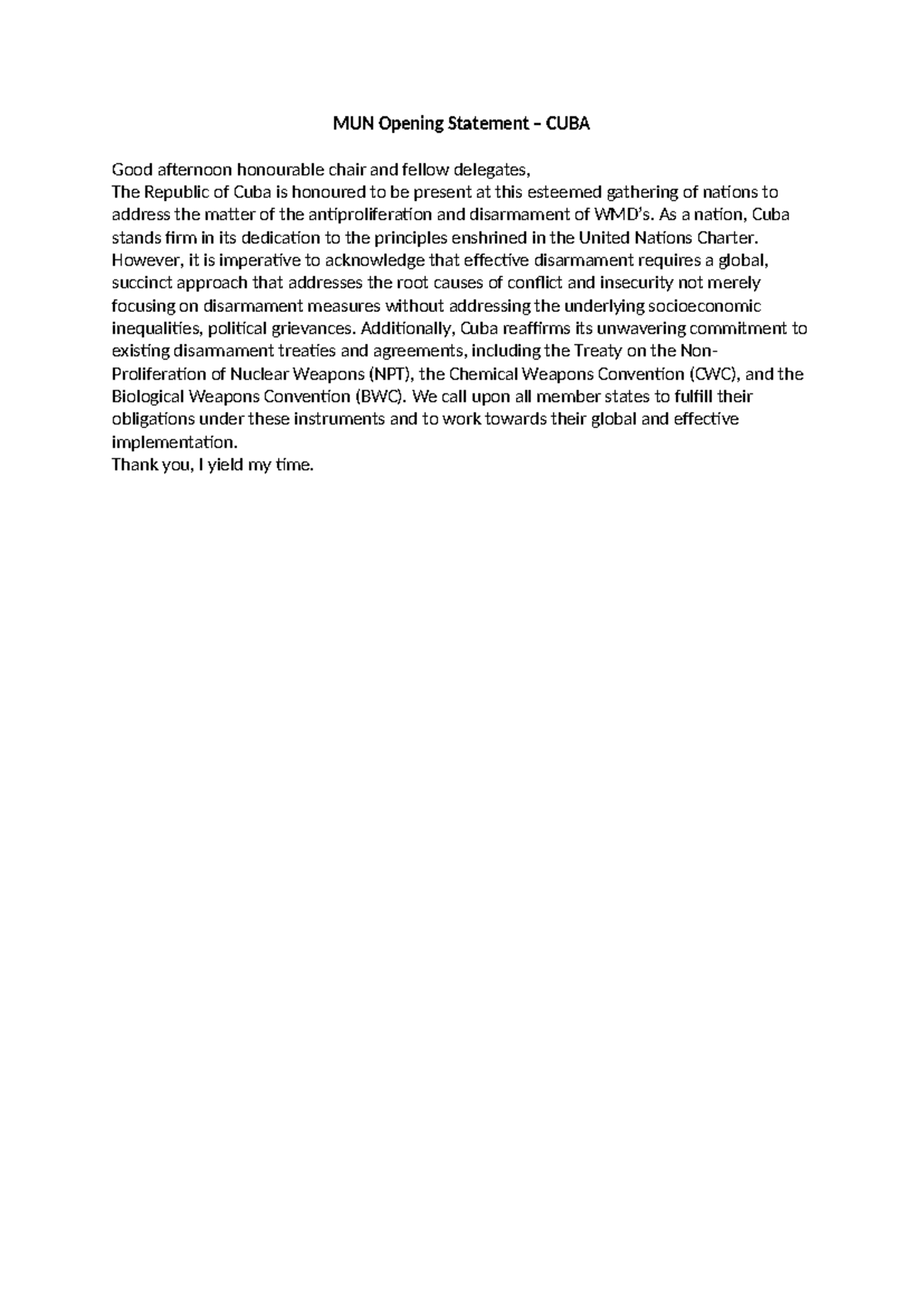 MUN Opening Statement - CUBA on WMD Disarmament Initiatives - Studocu