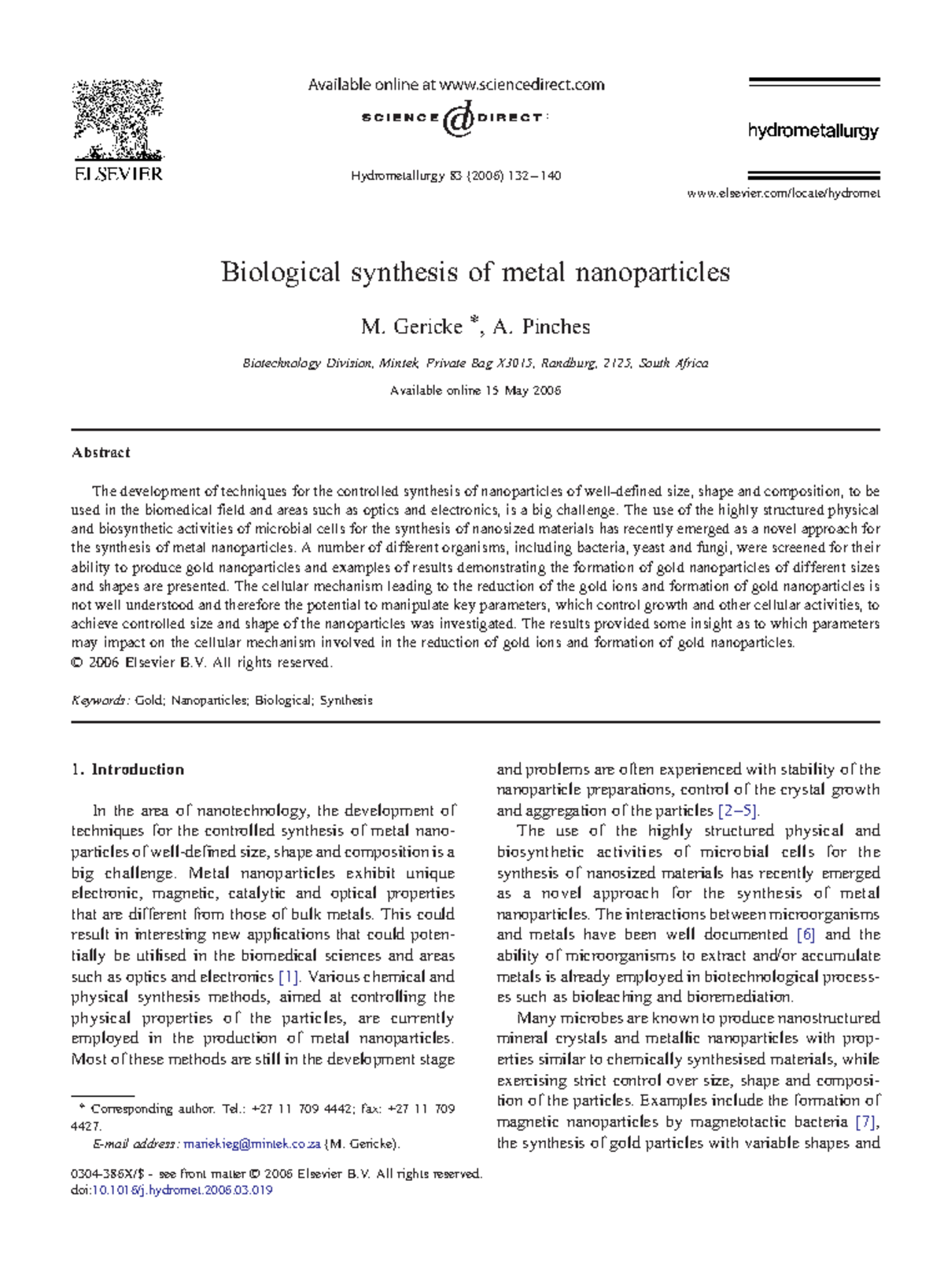 Biological Synthesis of Gold Nanoparticles via Microbial Cells: Gericke ...