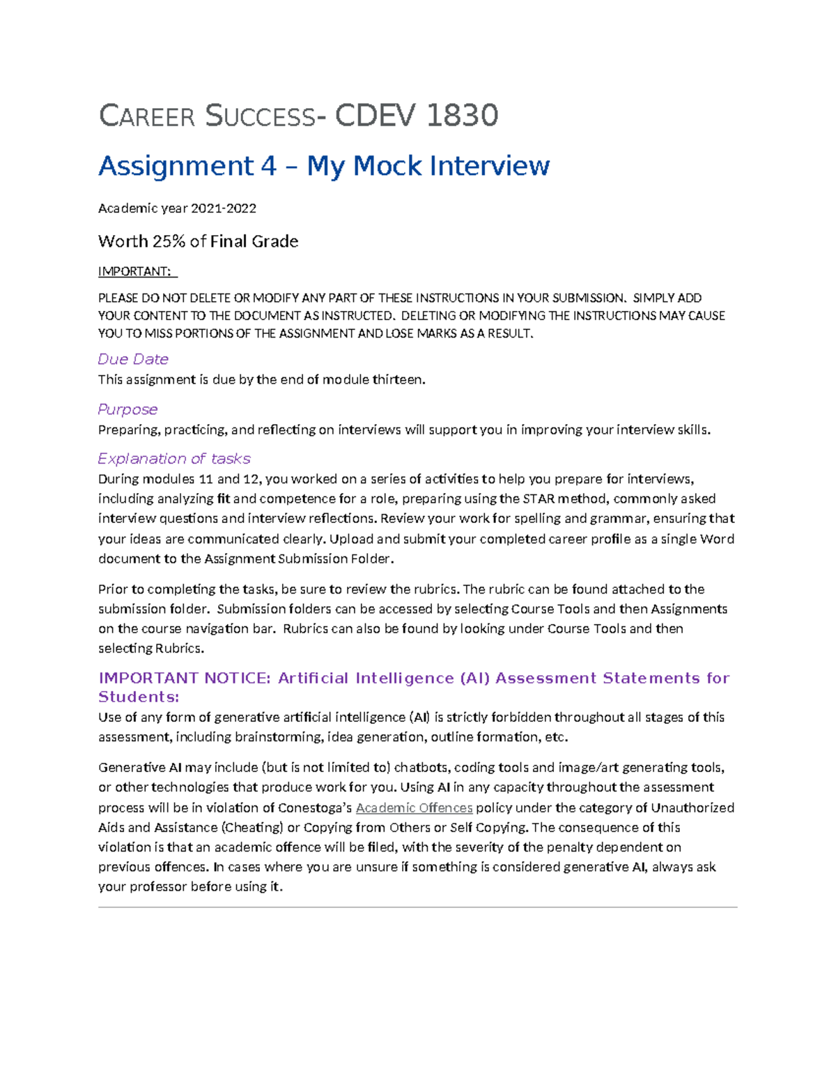 Mock Interview Reflection and Strategies - CDEV 1830 Assignment 4 - Studocu