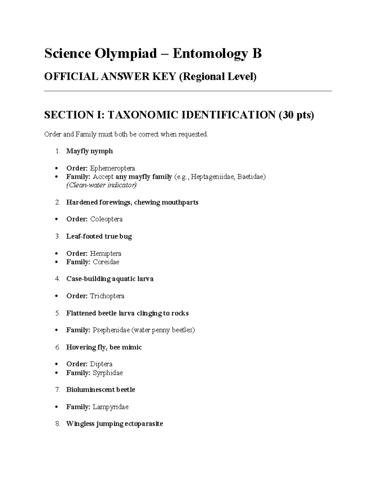 Entomology B Science Olympiad Official Answer Key (Regional Level ...